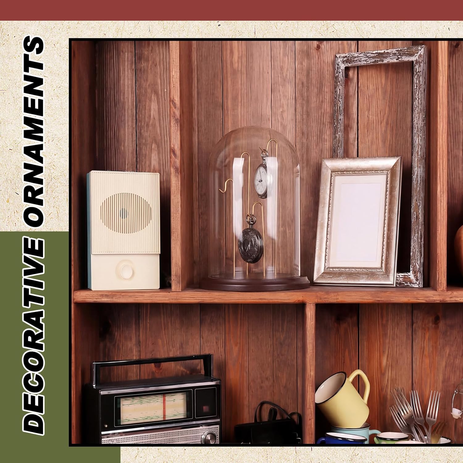 1 Pcs 4.7 x 8 Inch Pocket Watch Glass Display Dome Cloche with 4 Hooks Clear Pocket Watch Display Case Stand Glass Cloche Showcase Wood Base for Ornaments Medal Collectibles(Walnut and Gold)