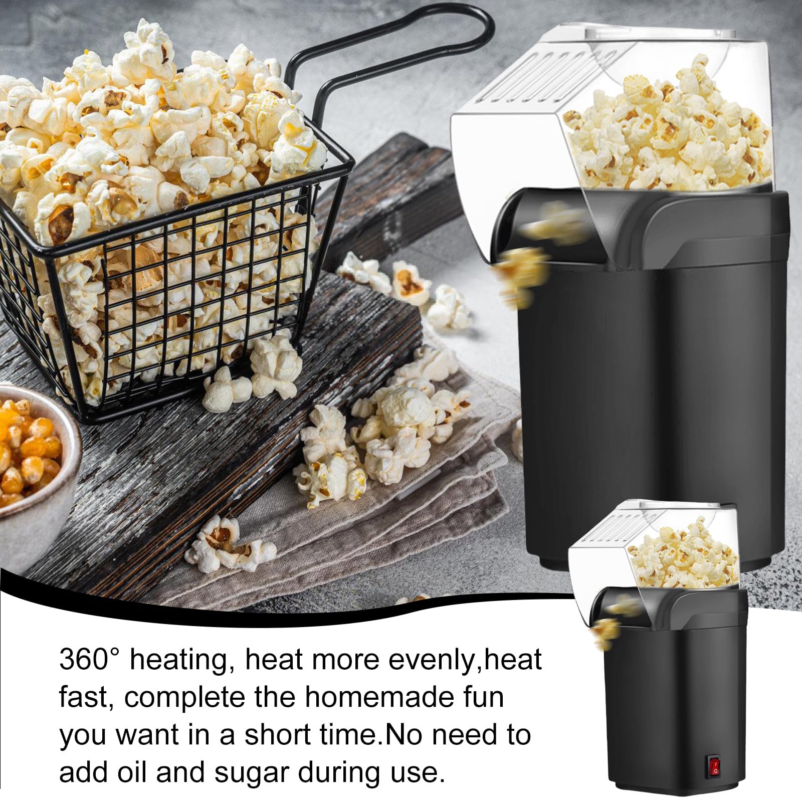 Popcornmaschine 1200w, Heißluft-Popcornmaschine Mit Messbecher Für Zuhause, Schnelles Popcorn in 2 Minuten, Gesund& ölfrei,Fettfrei, Perfekt Für Heimkino, Filmabende, Partys (Schwarz)
