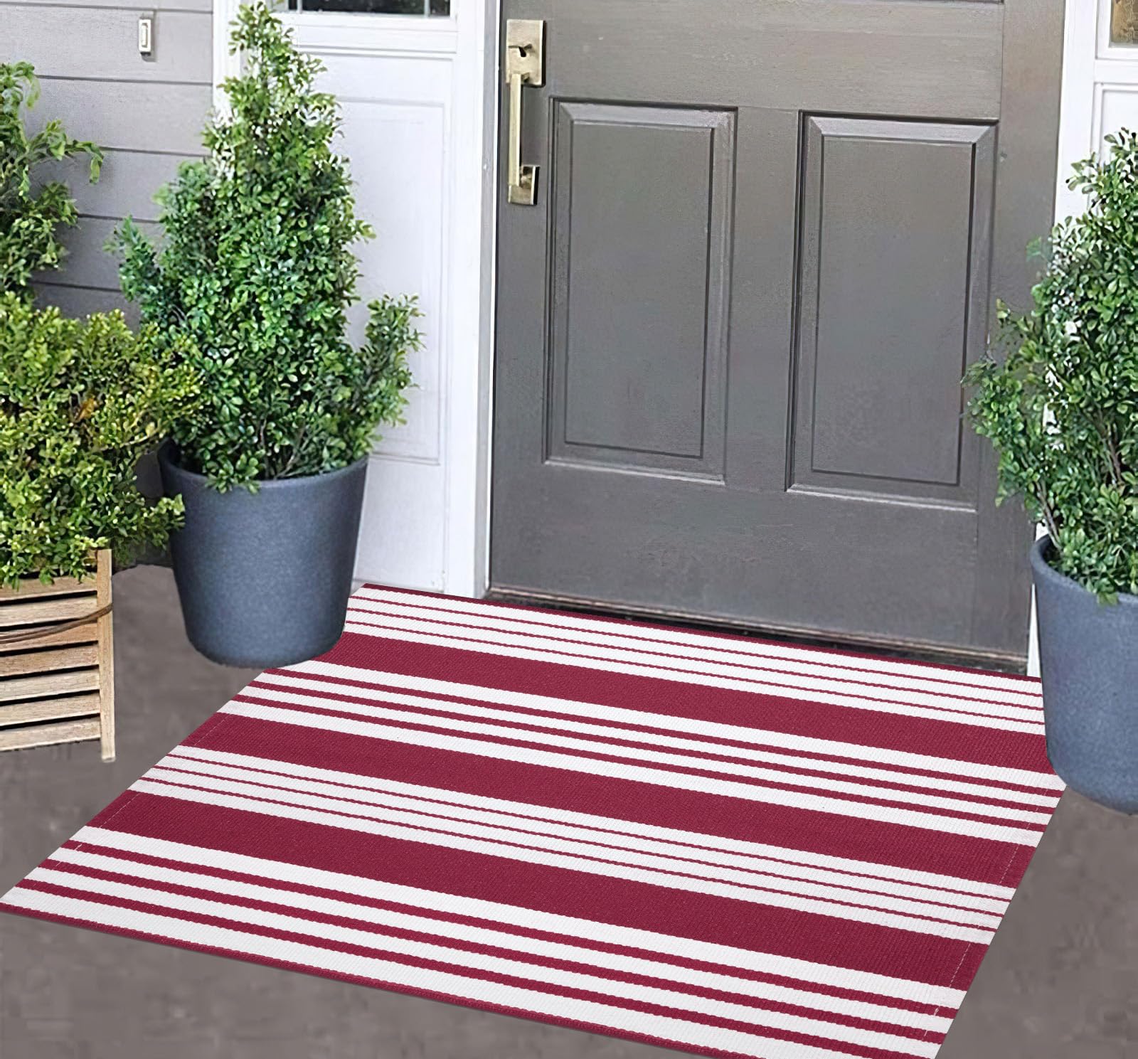 Red and White Striped Outdoor Rug 24'' x 35'' Door Mat Outdoor Machine Washable Welcome Mats Cotton Hand-Woven Entryway Rug for Front Porch/Entryway/