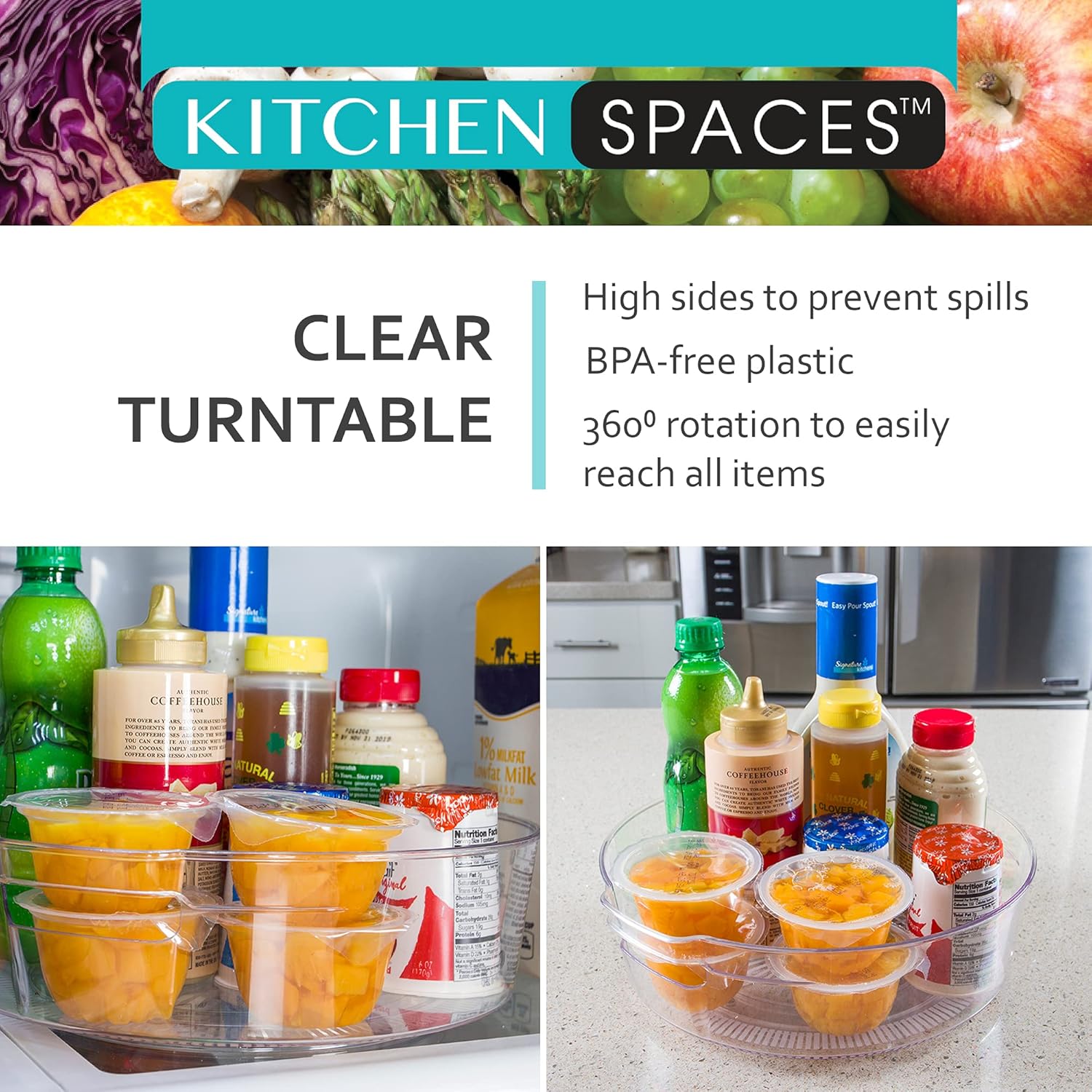 Kitchen Spaces Large Lazy Susan Organizer Bin, Pantry Rack or Deep Cabinet Turntable Shelf Storage, High Sides to Prevent Spills, BPA-Free Plastic, Clear and Sturdy with Full Spin