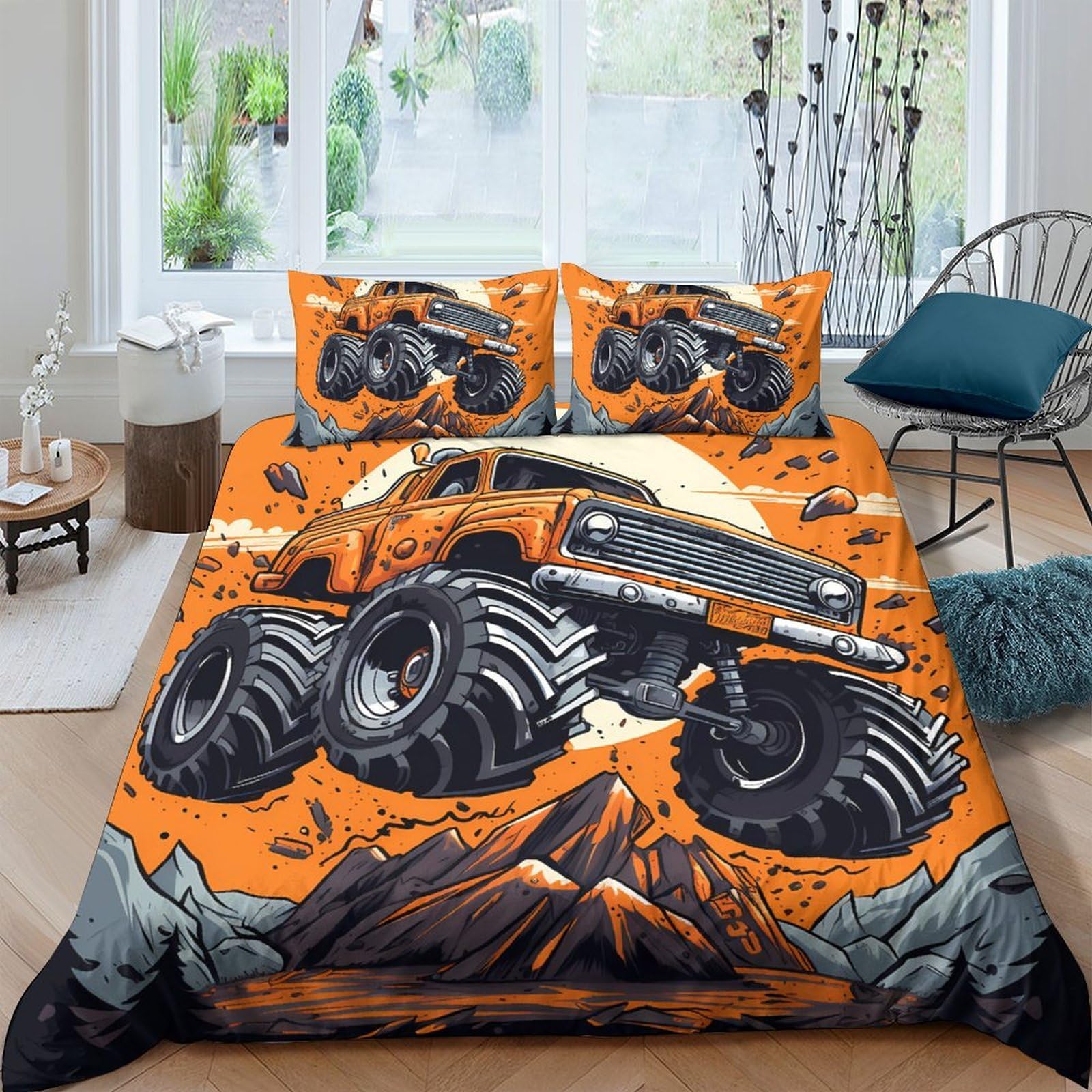 Ctjqhvkz Style-5 3D Printed Orange Monster Truck Fitted Sheet Microfiber Soft Bed Sheet For Bedroom Guest Room Dorm Mattress Decor Single（135X200cm）