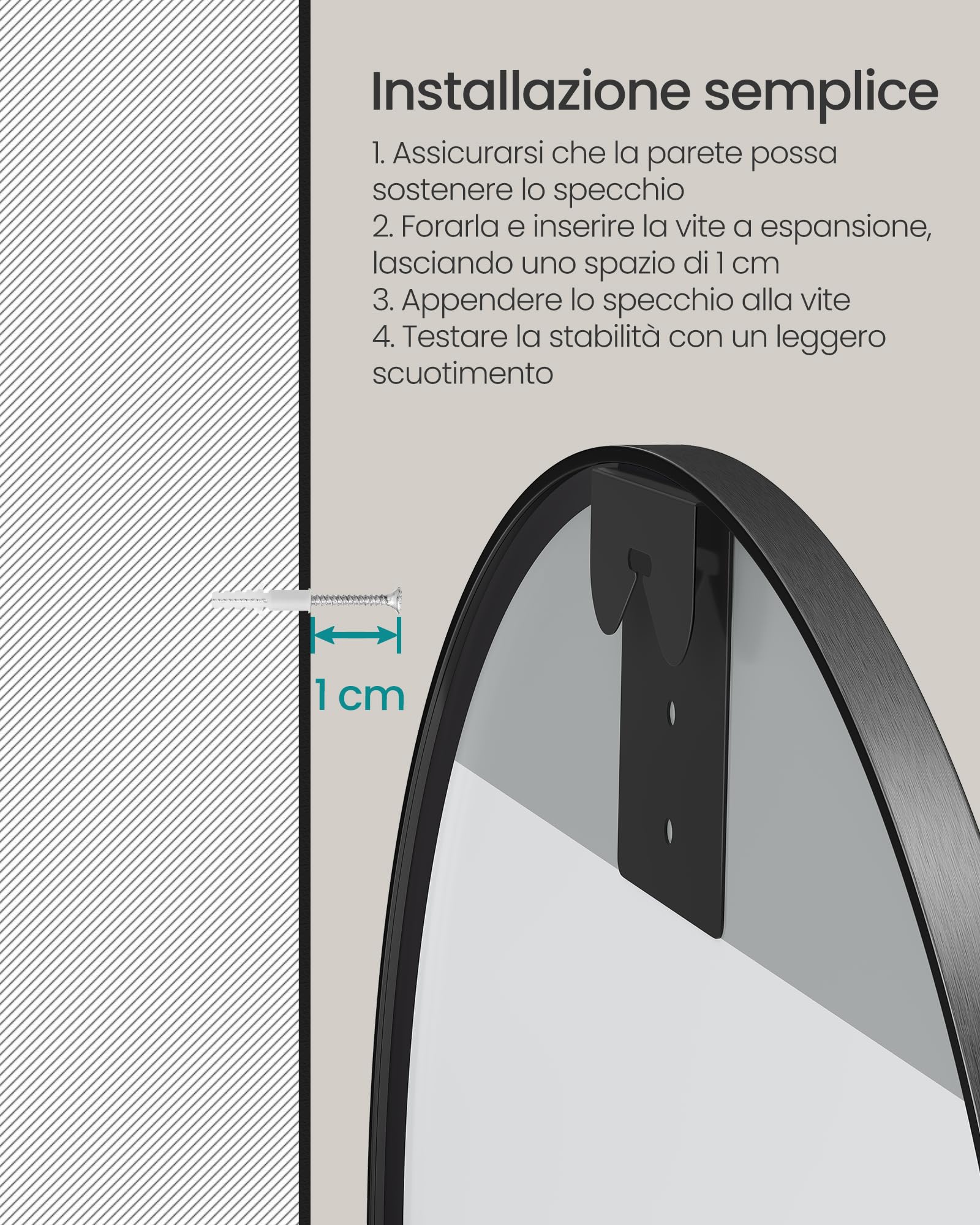 SONGMICS Berit Specchio da Parete Rotondo con Cornice in Alluminio, Nero | Specchio Bagno Moderno, 61 x 61 cm, 1 Pezzo, per Ingresso e Camera da Letto, Nero, LWM102B01