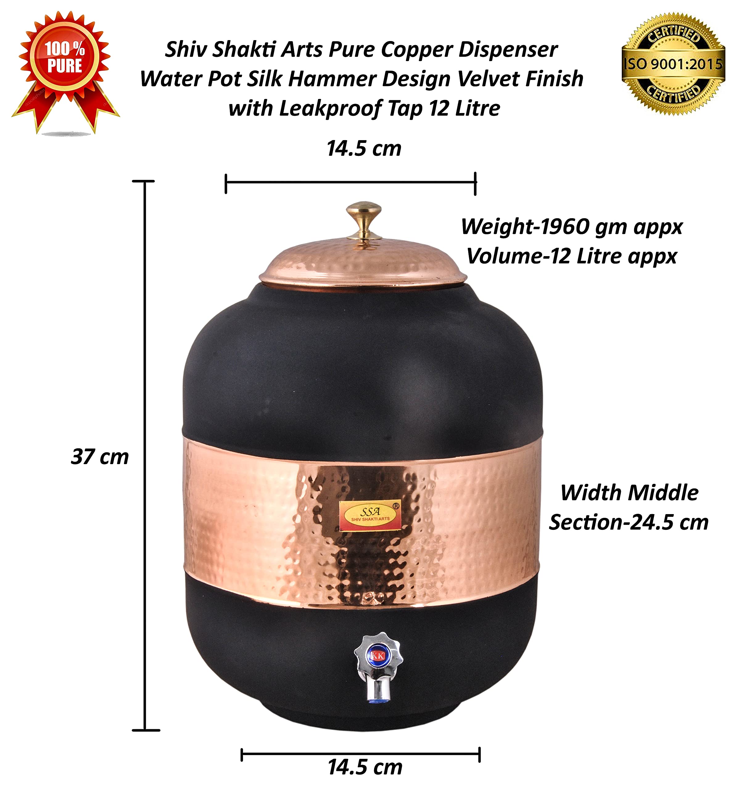 Shiv Shakti Arts Pure Copper Water Dispenser Water Pot Container Matka Silk Finish with Velvet Appearance for Water Storing Purpose at Home and Offices for Ayurveda Benefits Volume-12 Ltrs (Pack of 1)