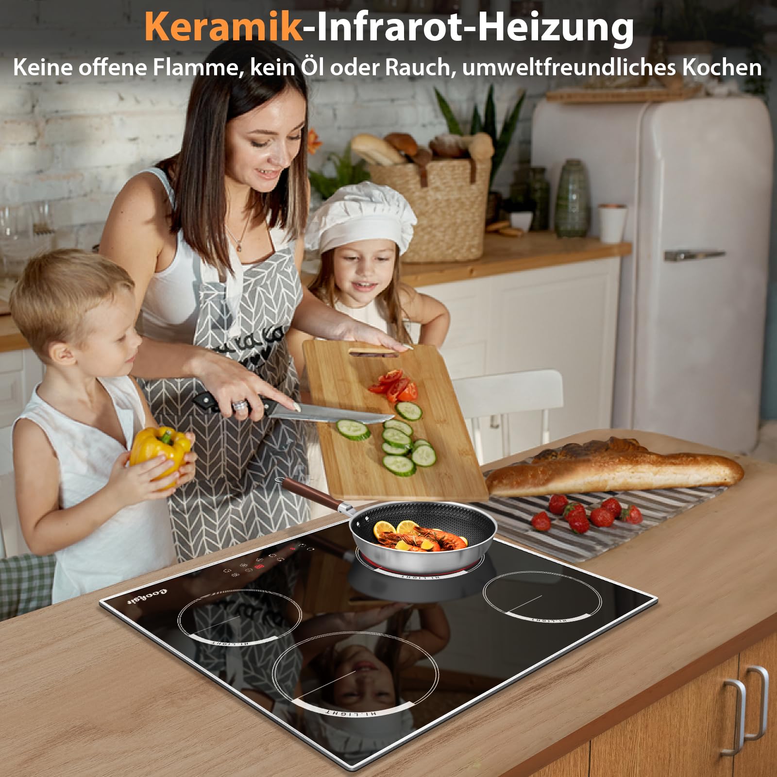 Glaskeramikkochfeld 4 Platten 60cm Einbau Kochfeld Autark 6000 Watt 9 Leistungsstufen Edelstahlrahmen Sicherheitsschloss 220V
