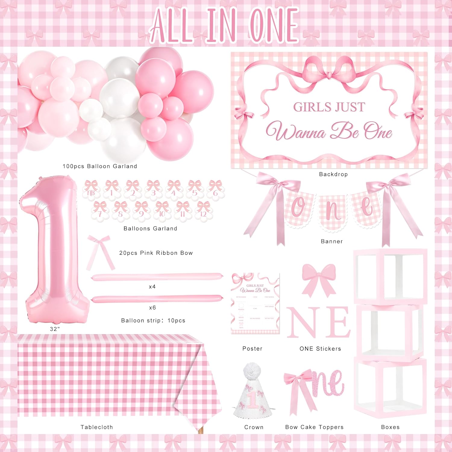 Kriyokiaa Girls Just Wanna Be One birthday Decorations for Girl Coquette First Birthday Decorations with Balloons Arch, Highchair Banner Bow Theme Backdrop, Photo Banner, Cake Topper