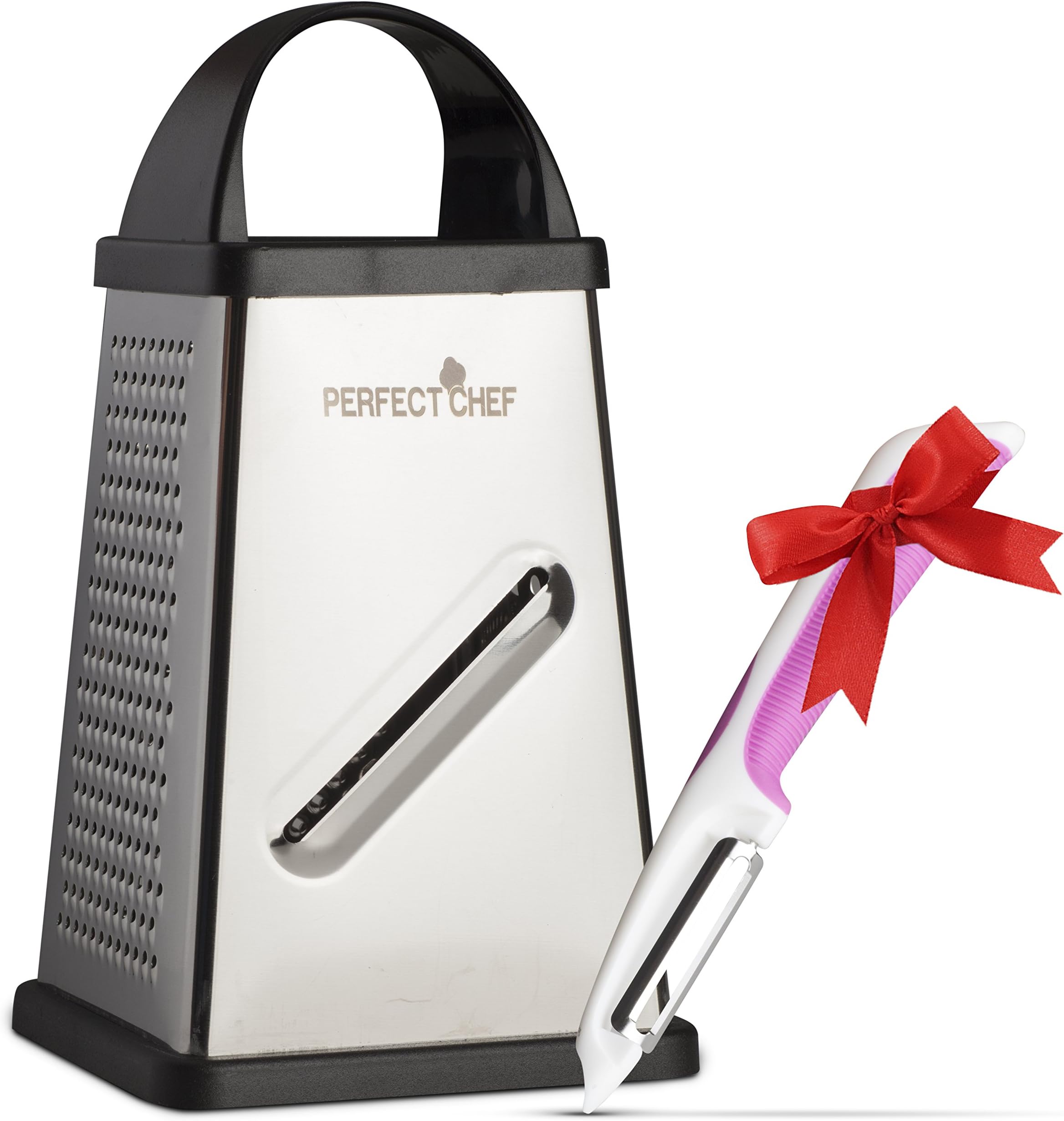 Box Cheese Grater, Stainless Steel 4 - Sided Grater and Vegetable Slicer, Dishwasher Safe, Non Slip Handle, Grates, Shreds and Zests Fruits, Vegetables, Parmesan, Chocolate and More, by Perfect Chef
