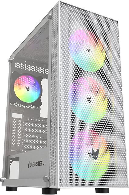 Oversteel Azurite - Gaming PC Case Compatible with ATX, Micro ATX and ITX Boards, 4 120mm A-RGB Fans Included, Mallado Front, Vertical Installation, Tempered Side Glass, USB 3.0, White