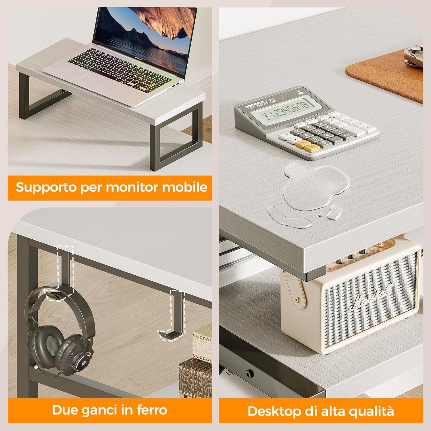 Close-up image of the ODK L-shaped desk features, including a mobile monitor stand with a laptop, two iron hooks for headphones, and a section highlighting the high-quality, water-resistant desktop surface.