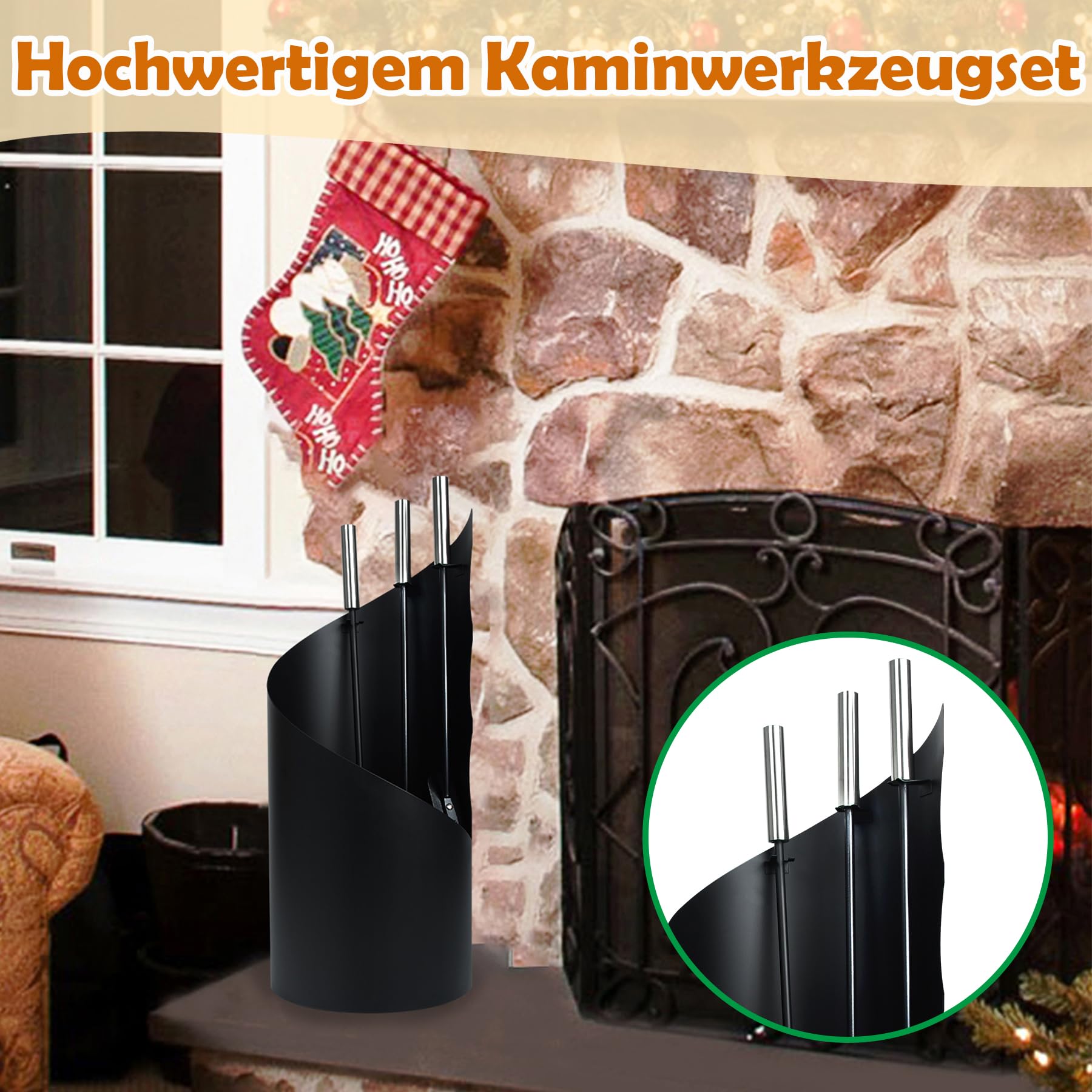 ACXIN 4-tlg. Kaminbesteck Schwarz – Mit Besen, Schaufel, Schürhaken & Ständer Aus Edelstahl
