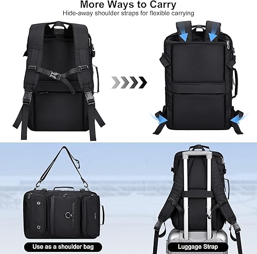 Miniatura 3 de PIJUSHI Mochila de viaje de mano para mujeres y hombres, bolsa de lona convertible, mochila de equipaje grande, para laptop de 16 pulgadas, Negro -,