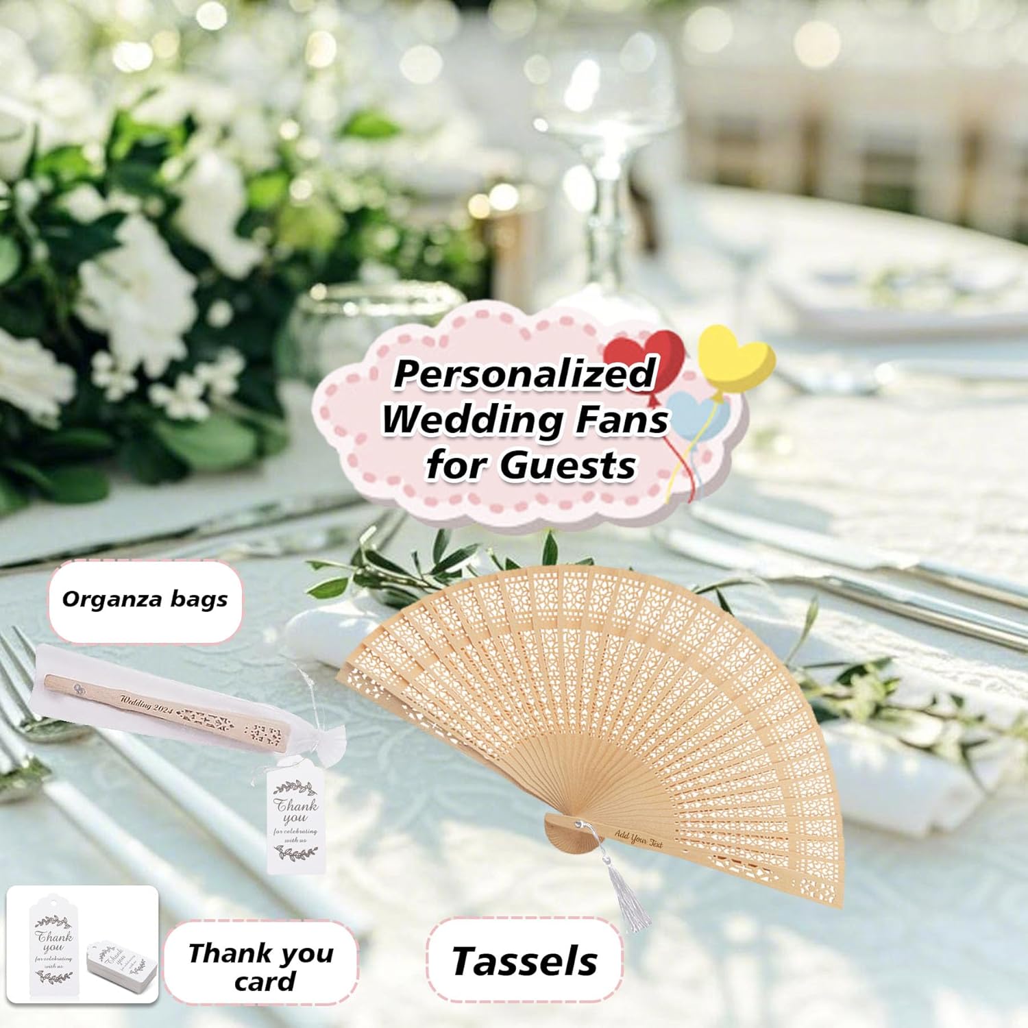 100pcs Wedding Fans Personalized Folding Hand Fan with Name/Text/Date, Custom Sandalwood Wedding Handheld Fans Bulk, Customized Name Fan for Decoration Party Favor Gifts (100)