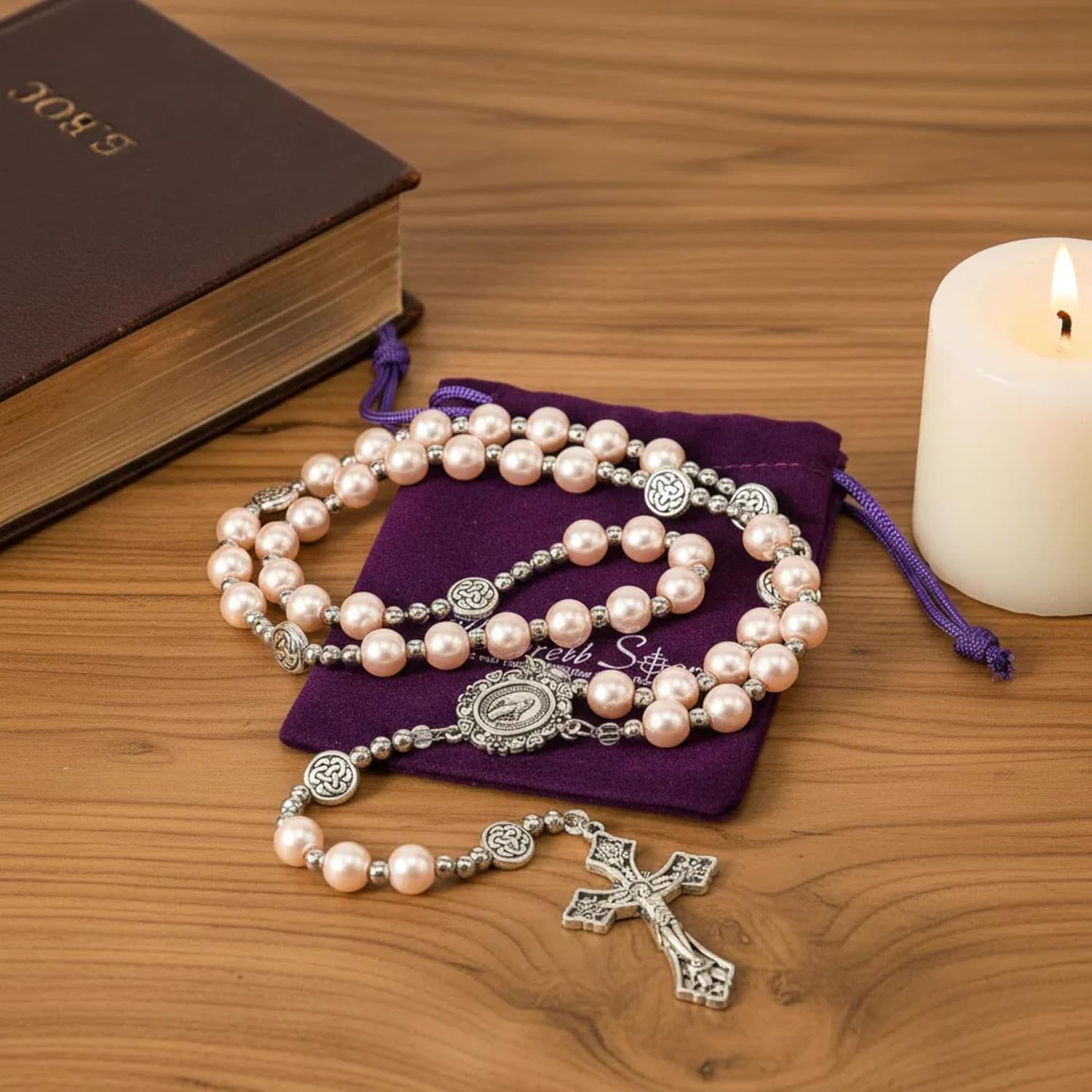 Nazareth Store Pearl Beads Rosary Miraculous Prayer Necklace Strong Metal Mystery Beaded Rosary for Men & Women - Image 8