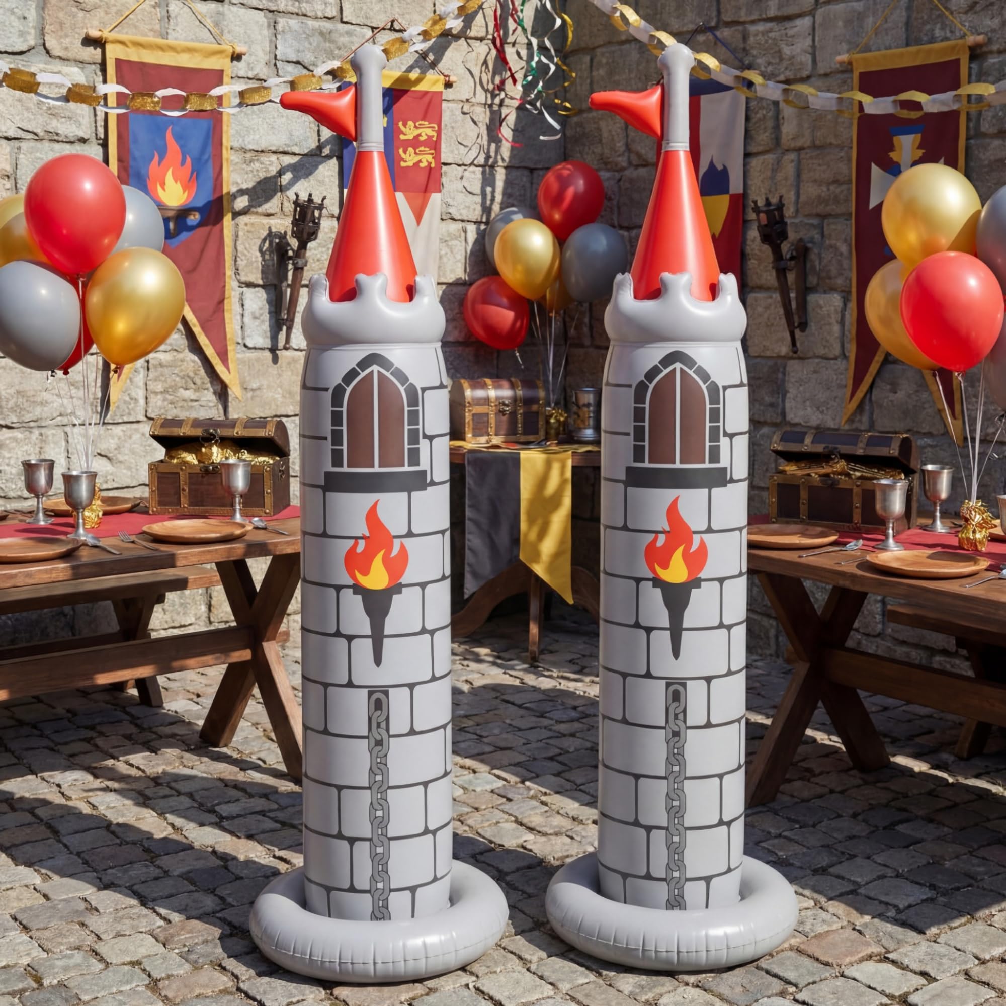 Skylety Lot de 2 décorations de fête d'anniversaire de 2 m, château gonflable pour jardin, intérieur et extérieur (gris, médiéval)