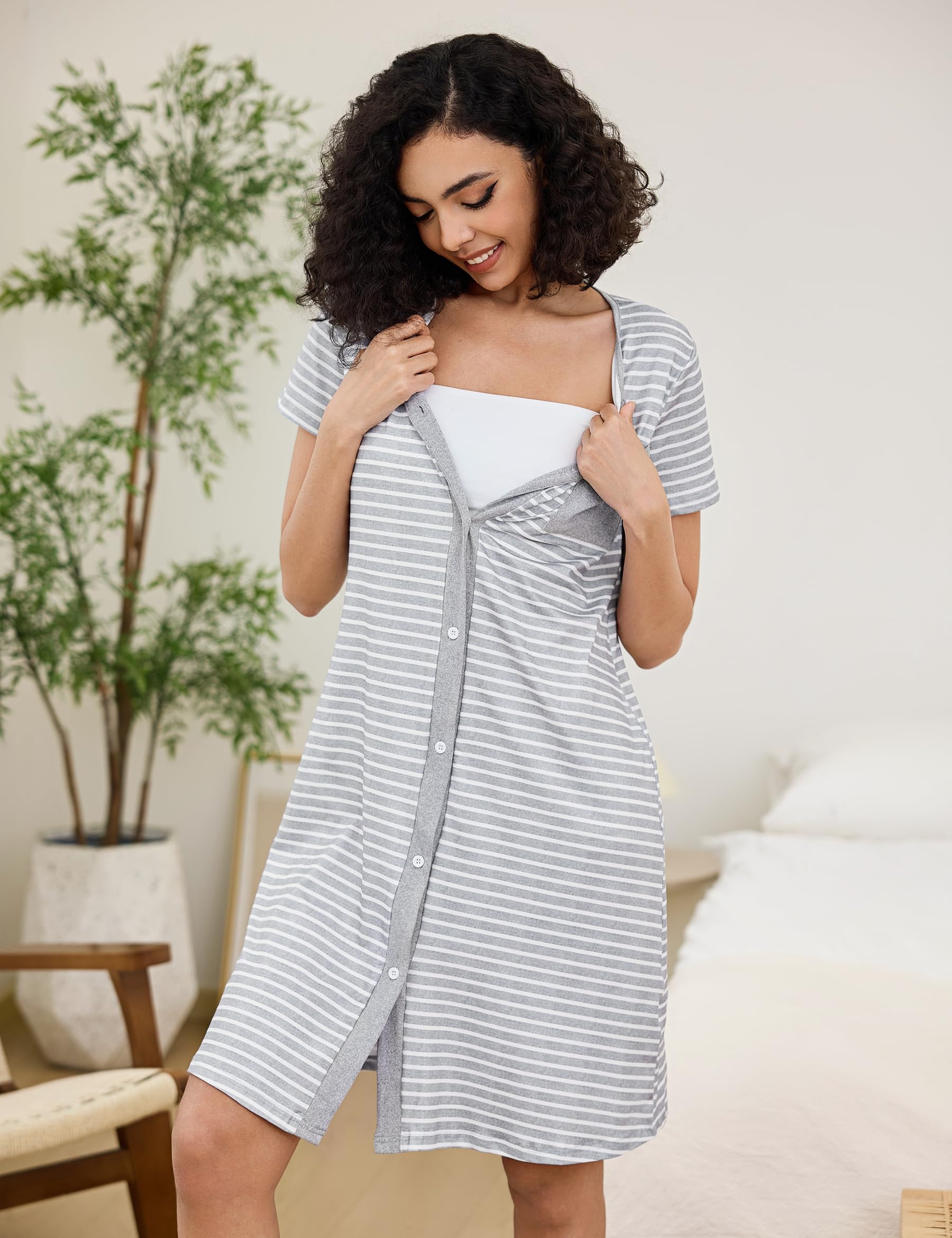 Marvmys Chemises de Nuit Femme Coton Manches Courtes Rayure Robe De Chambre avec Bouton Maternité Vêtements D'Intérieur S-XXL