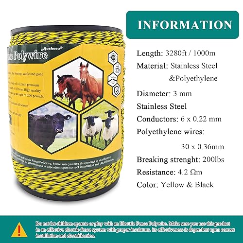 Miniatura 6 de Valla eléctrica portátil mejorada de 3280 pies, 3,280.8 ft, alambre de polietileno eléctrico portátil de 18 pulgadas de diámetro, 6 hebras de acero