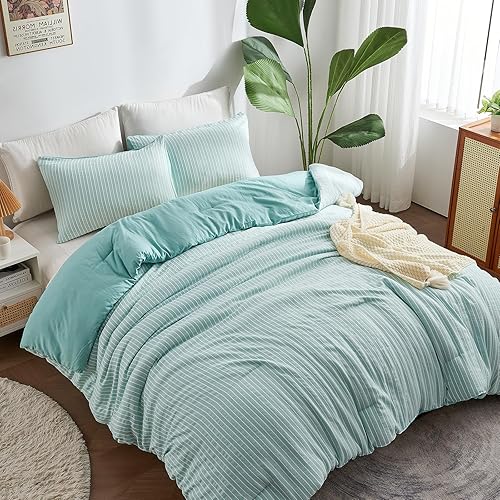 Miniatura 8 de ENCOFT Edredón tamaño Queen, edredón de 3 piezas con textura de espuma de mar verde para cama tamaño Queen, juego de edredón bohemio de microfibra