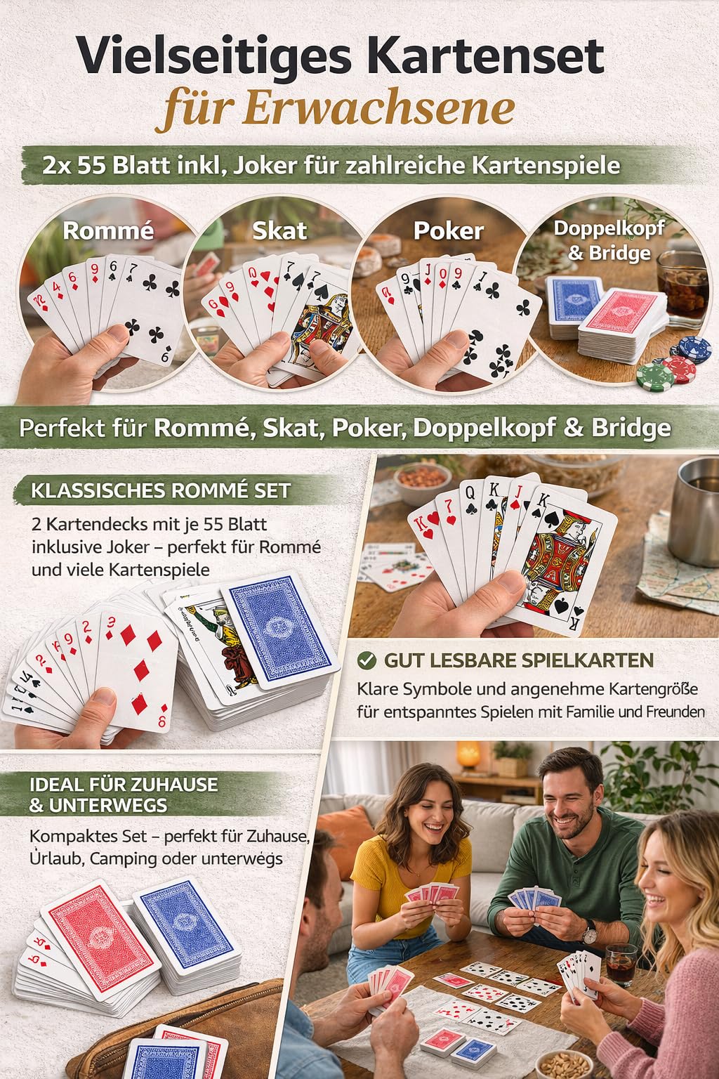 Rommé Karten 2x55 Blatt – Doppel Kartenspiel mit Joker – Spielkarten Set für Rommé, Skat, Poker, Doppelkopf & Bridge – Klassische Spielkarten für Erwachsene