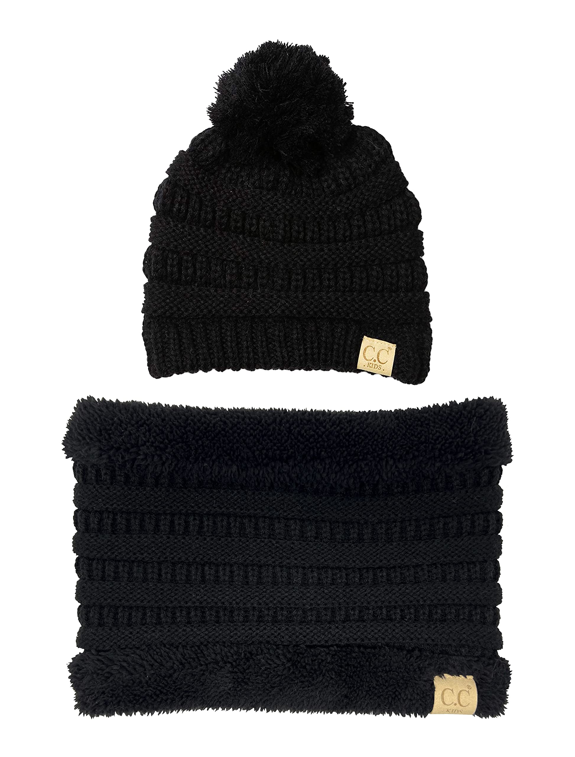 Funky Junque Kids Winter Fleece Lined Neck Warmer Ribbed Knit Pom Pom Winter Beanie Bundle Cold Weather Gaiter Toddler