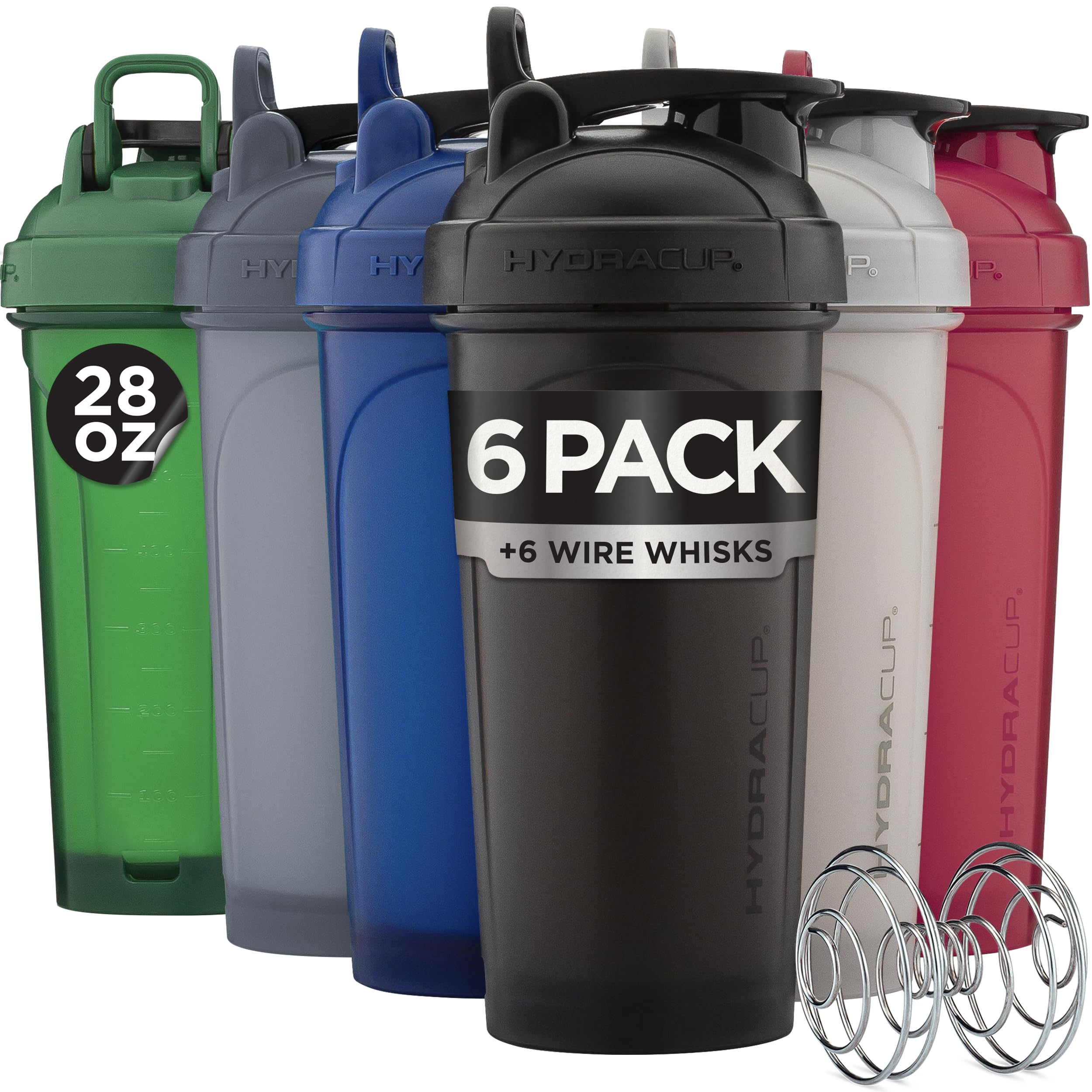 Hydra Cup - 6 Pack - 28oz Shaker Bottles | Protein Shaker Cups with Whisk Ball, Leak-Proof, Carry Handle | BPA-Free Gym Mixer for Protein Powder, Mixing Supplements