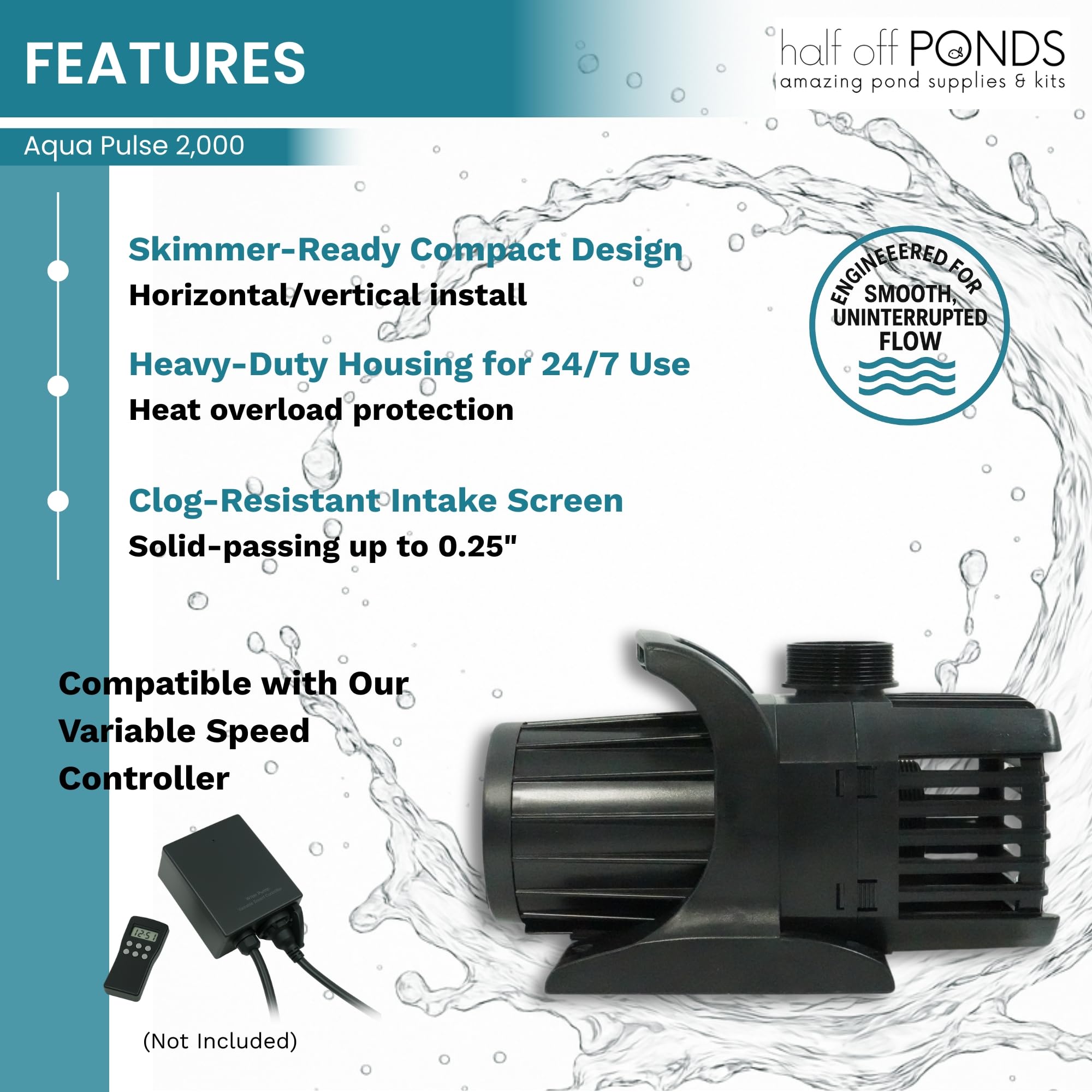 HALF OFF PONDS Bomba de agua sumergible, silenciosa y de bajo consumo de 2000 GPH con cable de 30 pies para estanques, jardines acuáticos, cascadas y skimmers, instalación horizontal o vertical -