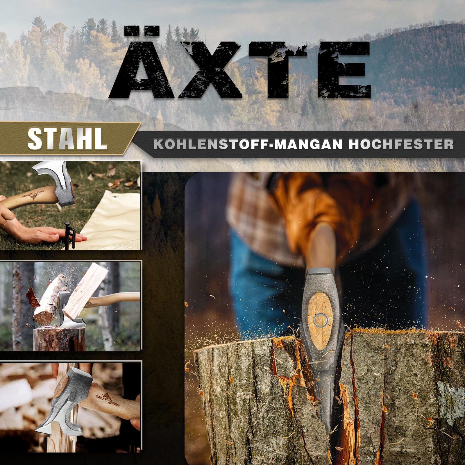 Purple Dragon Beil Axt Outdoor,Äxte Holz Spalten,35cm Spaltaxt für Holz,Handgeschmiedet Handbeil mit Kuhfuß,Bushcraft Axt mit Holzgriff und Lederscheide,Camping Äxte Geschenk für Männer