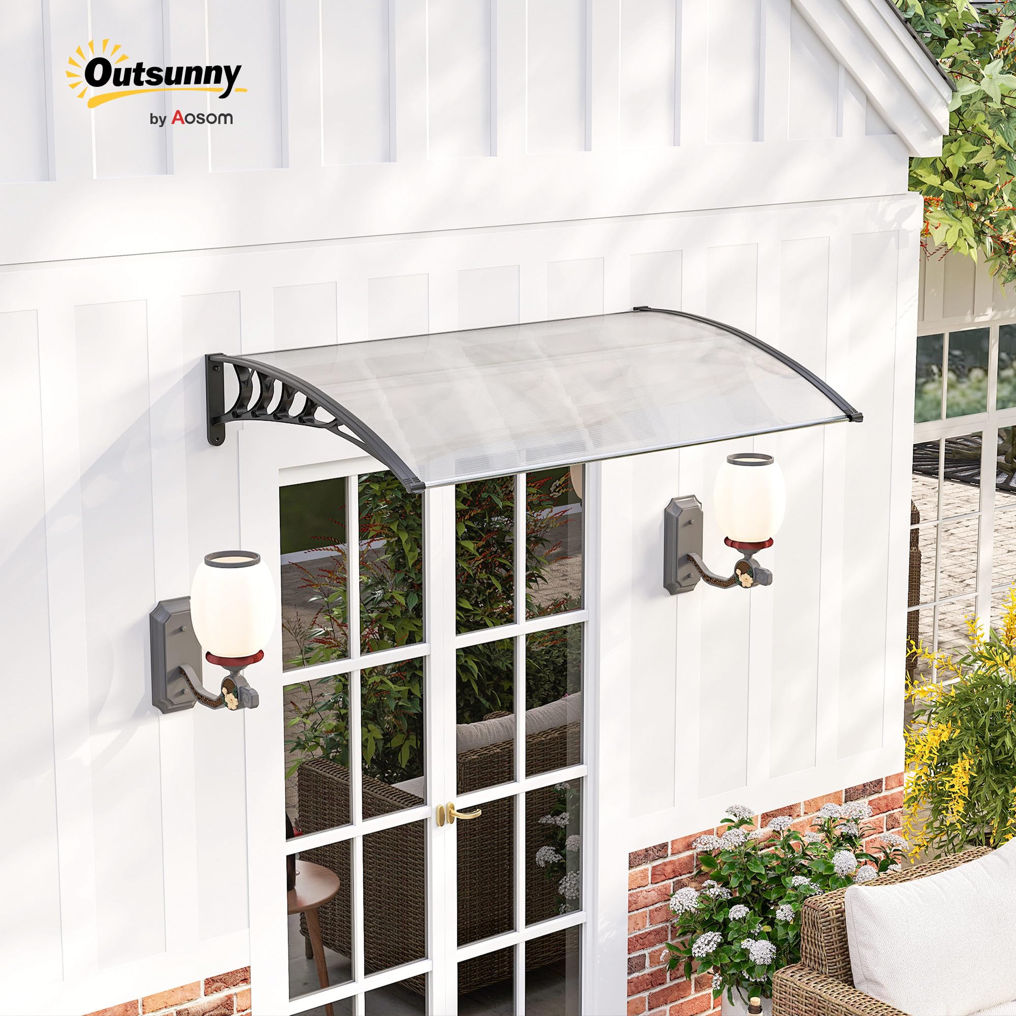 Outsunny Marquesinas Exterior para Puertas y Ventanas, 150x90 cm, Tejadillo de Protección contra Sol y Lluvia, con Cubierta de Policarbonato, Soporte de Aleación de Aluminio, Blanco