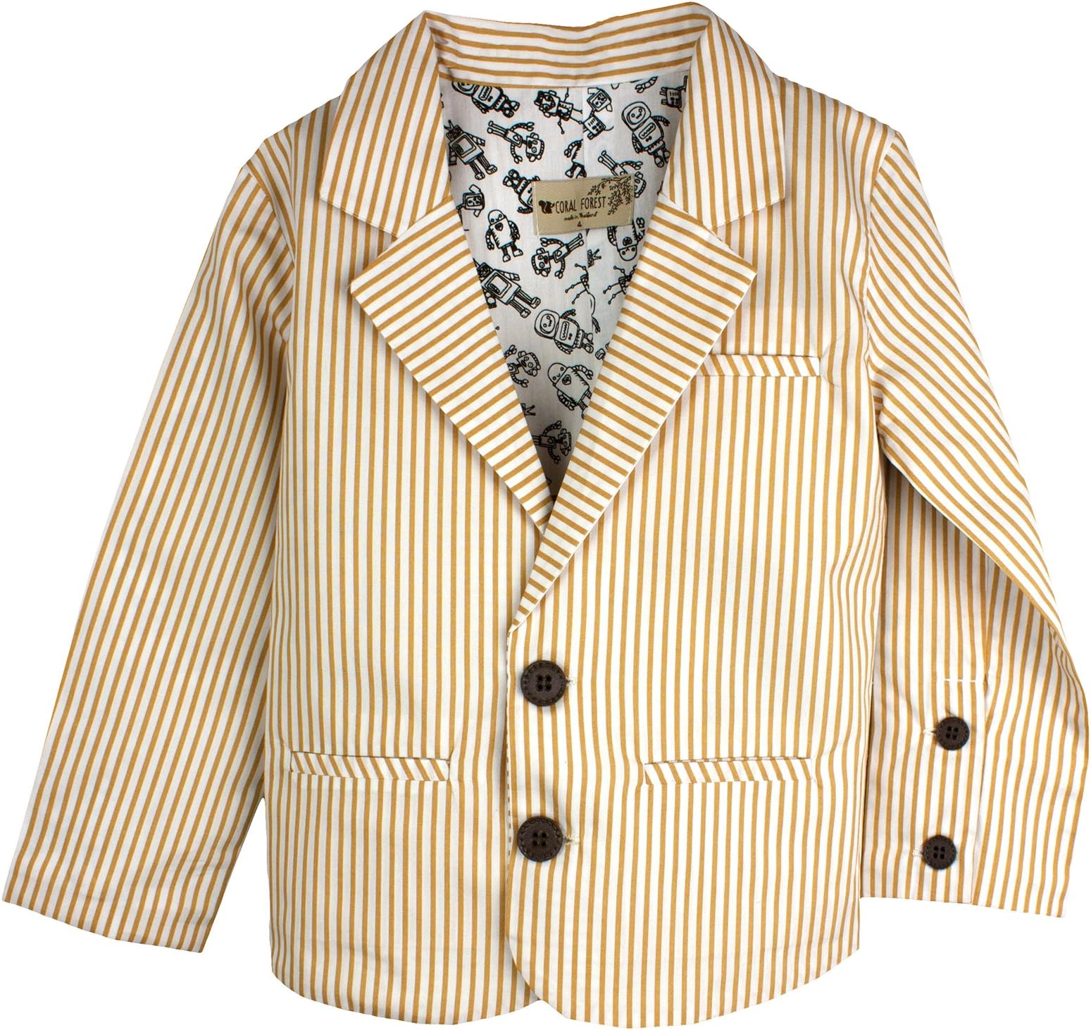 Coral Forest Little Boys' Stripe Robot Printed Lining Blazer Jacket with Pockets