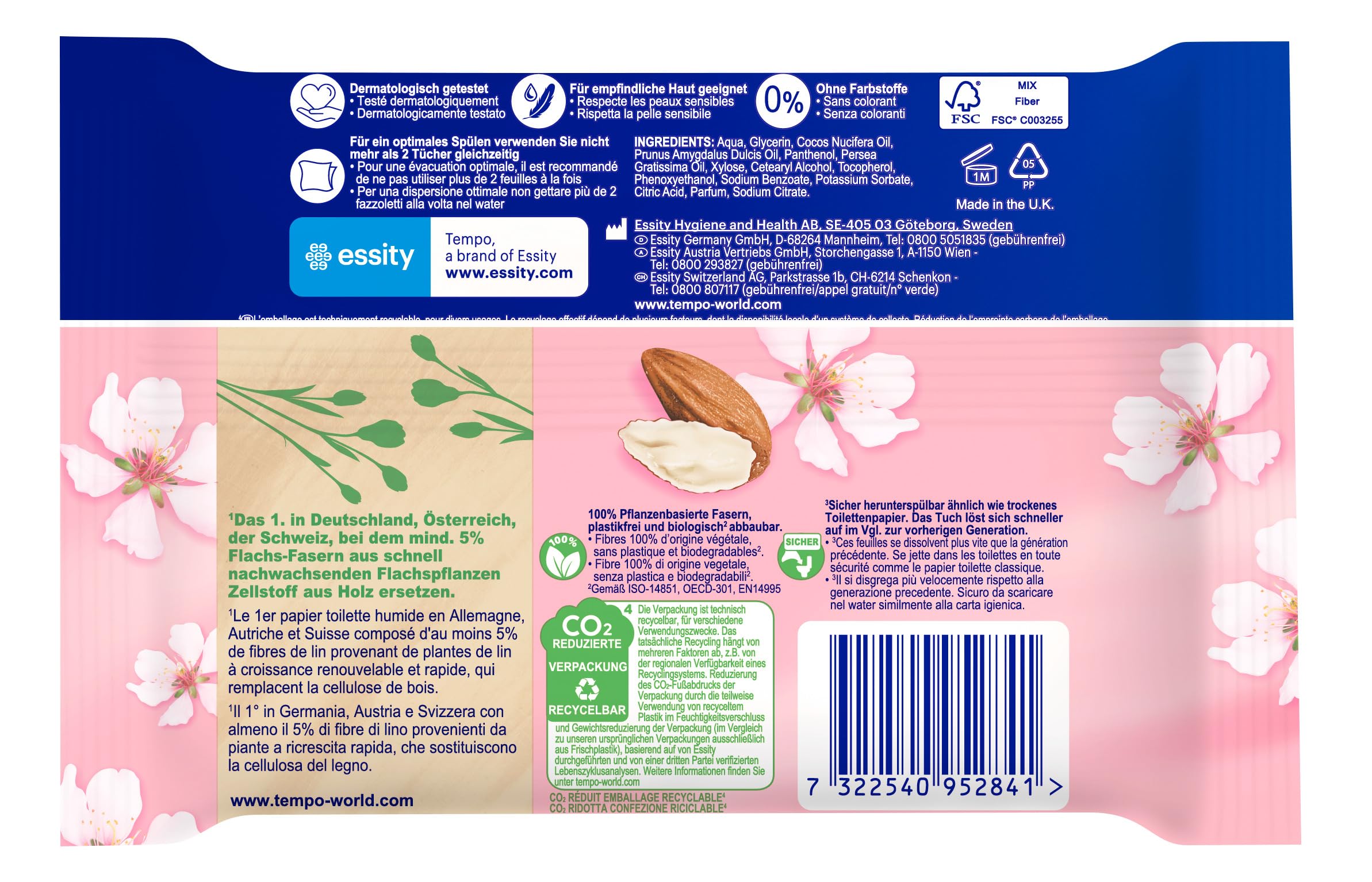 Tempo Toilettenpapier Feucht Mandelmilch & Panthenol, 16er Pack (8 x 2 x 42 Stück)