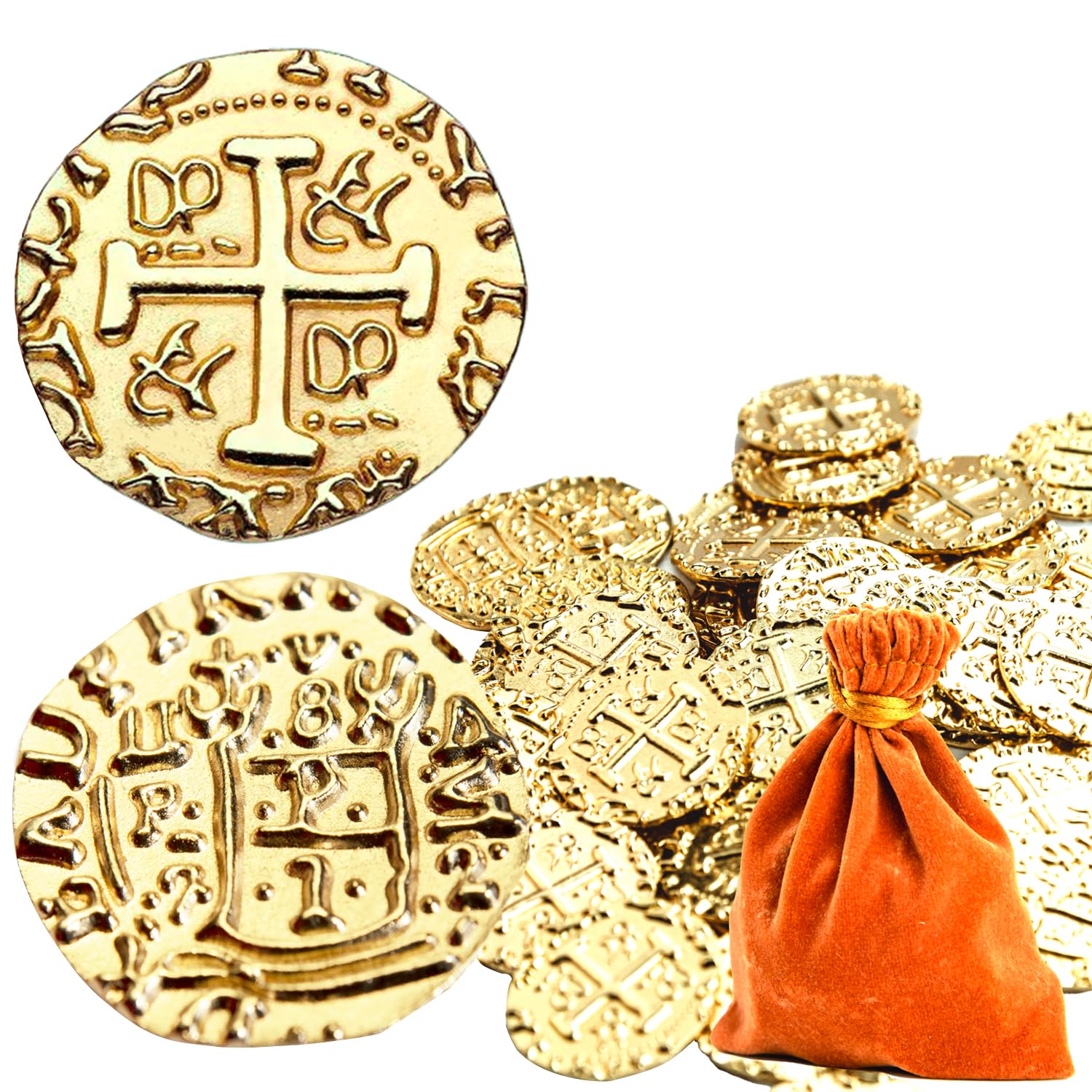 v2croft50 Metal Pirate Coins Gold, Gold Treasure Coin Set, Metal Replica Spanish Doubloons for Board Games Tokens, Kids Cosplay Pirate Party Treasure Chest Coin (1.18'')