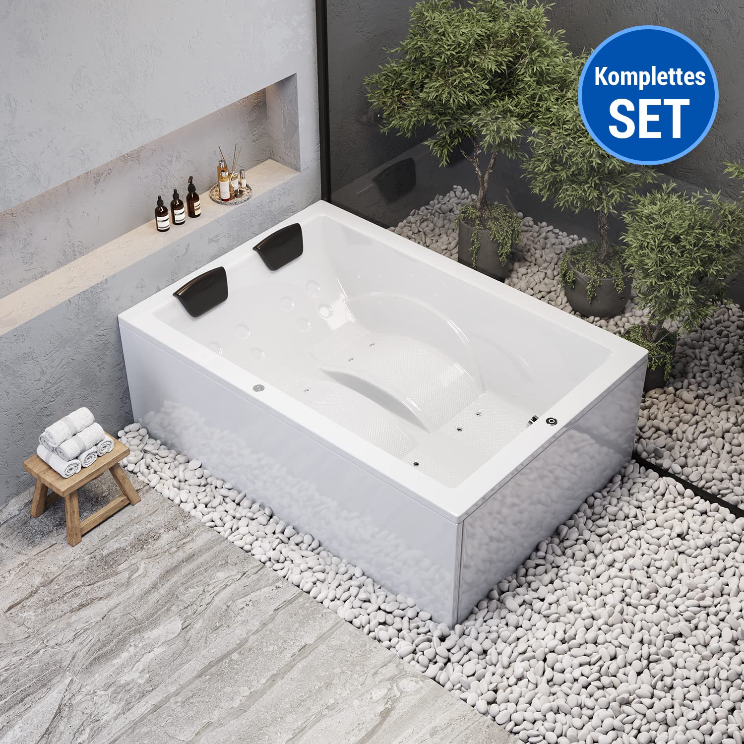 AQUADE Jacuzzi 2 Person Whirlpool Badewanne Air Relax 180x130 mit LED Whirlpool Beleuchtung & Badekissen für Badewanne Whirlpool 2 Personen/Whirlpool Badewannen Set
