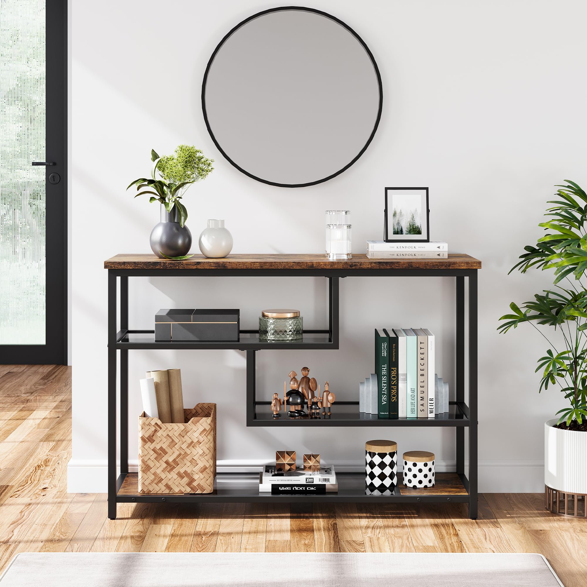 Garvee Mueble de Recibidor, Mesa Consola Estrecha de 4 Niveles, Estilo Industrial para Pasillo, Salón, Recibidor y Detrás del Sofá, Color Marrón Rústico, 100 * 30 * 75 cm