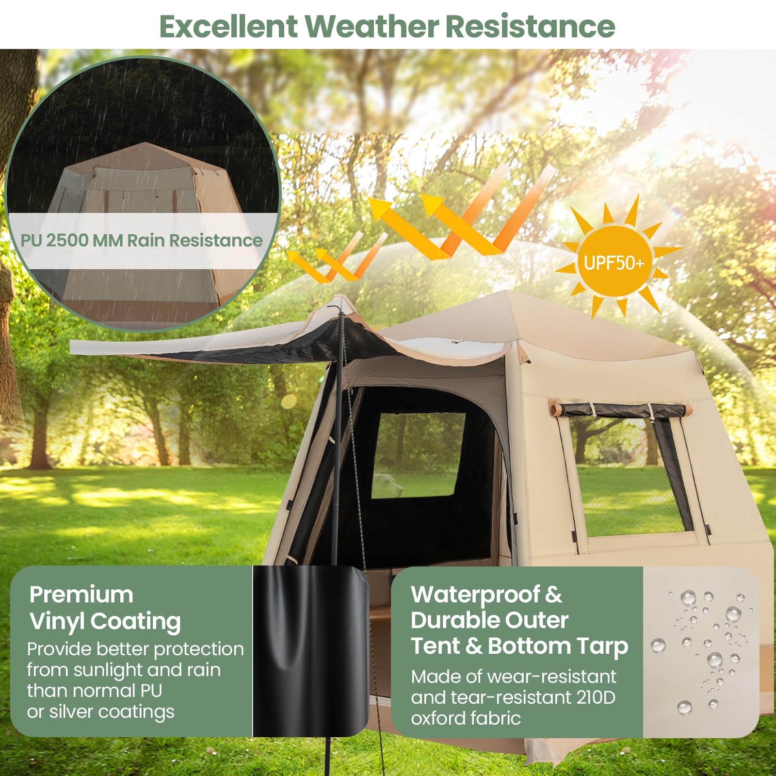 HOMASIS Tenda Campeggio Esagonale per 4-6 Persone, Tenda Pop-up Automatica con Doppia Porta e Borsa da Trasporto, Tenda Famigliare con Zanzaziera per Escursioni, Spiaggia, 330 x 270 x 200 cm, Beige