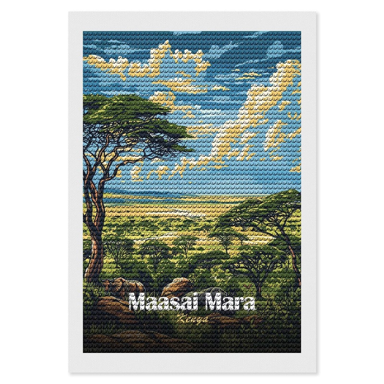 Junmoney Maasai Mara Landscape Diamond Art Canvas 8"x12", for Adults, Good for Quiet Evenings, Bedroom Decor, Festive Craft Gift, Easy to Enjoy