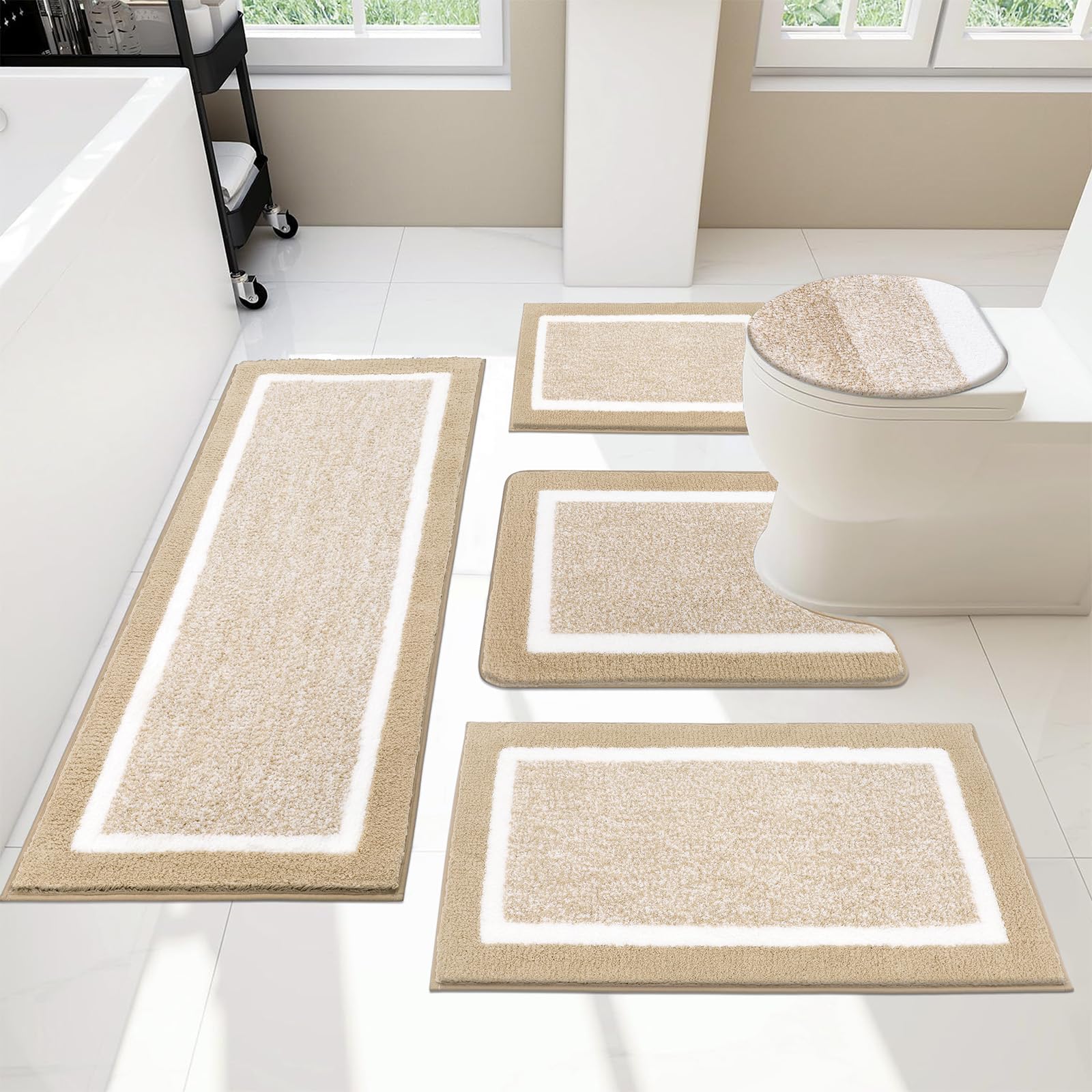 Pauwer Badezimmerteppich-Set, 5-teilig, mit Deckelbezug, Badezimmer-Duschvorleger mit U-förmiger Kontur, WC-Vorleger, saugfähige Mikrofaser, Plüsch, Badematten, rutschfest, maschinenwaschbar,