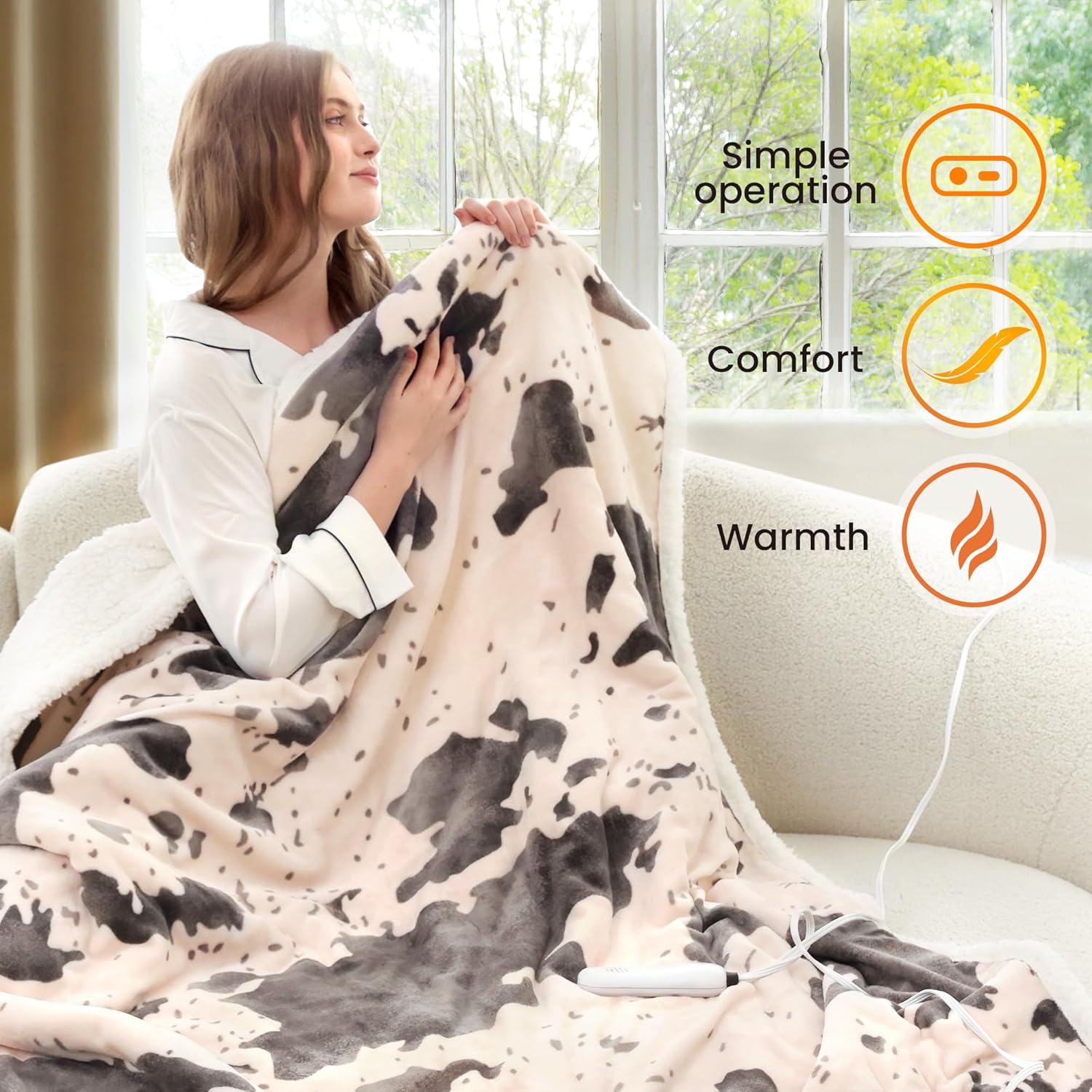 Cow Print Heated Throw Blanket Electric Blanket-Heating Blanket Throw with 10 Heat Levels & 10 Hours Auto-Off, Cozy Soft Fleece Sherpa, Washable, 50 x 60 Inches Cow Print Light Coral - Image 4