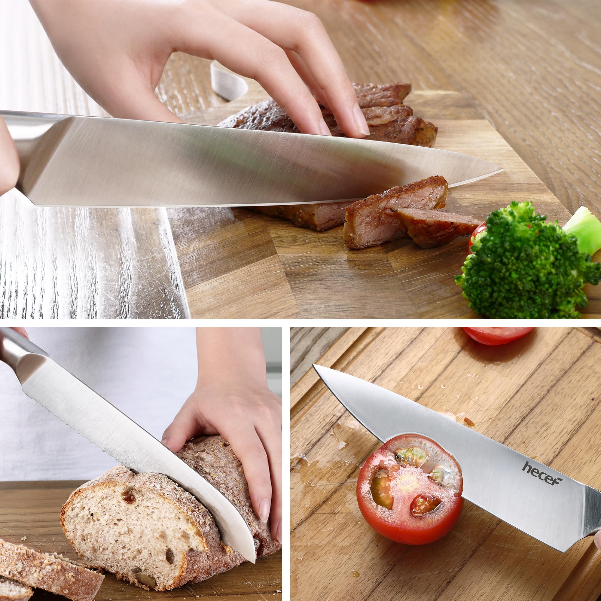 hecef Bloc Couteaux de Cuisine, 6 Pièces, Support Tablette et Planche, Noir | Couteau Cuisine en Acier Inox, Bloc polyvalent avec Support Intégré pour Tablette ou Planche à Découper, Cuisines Modernes