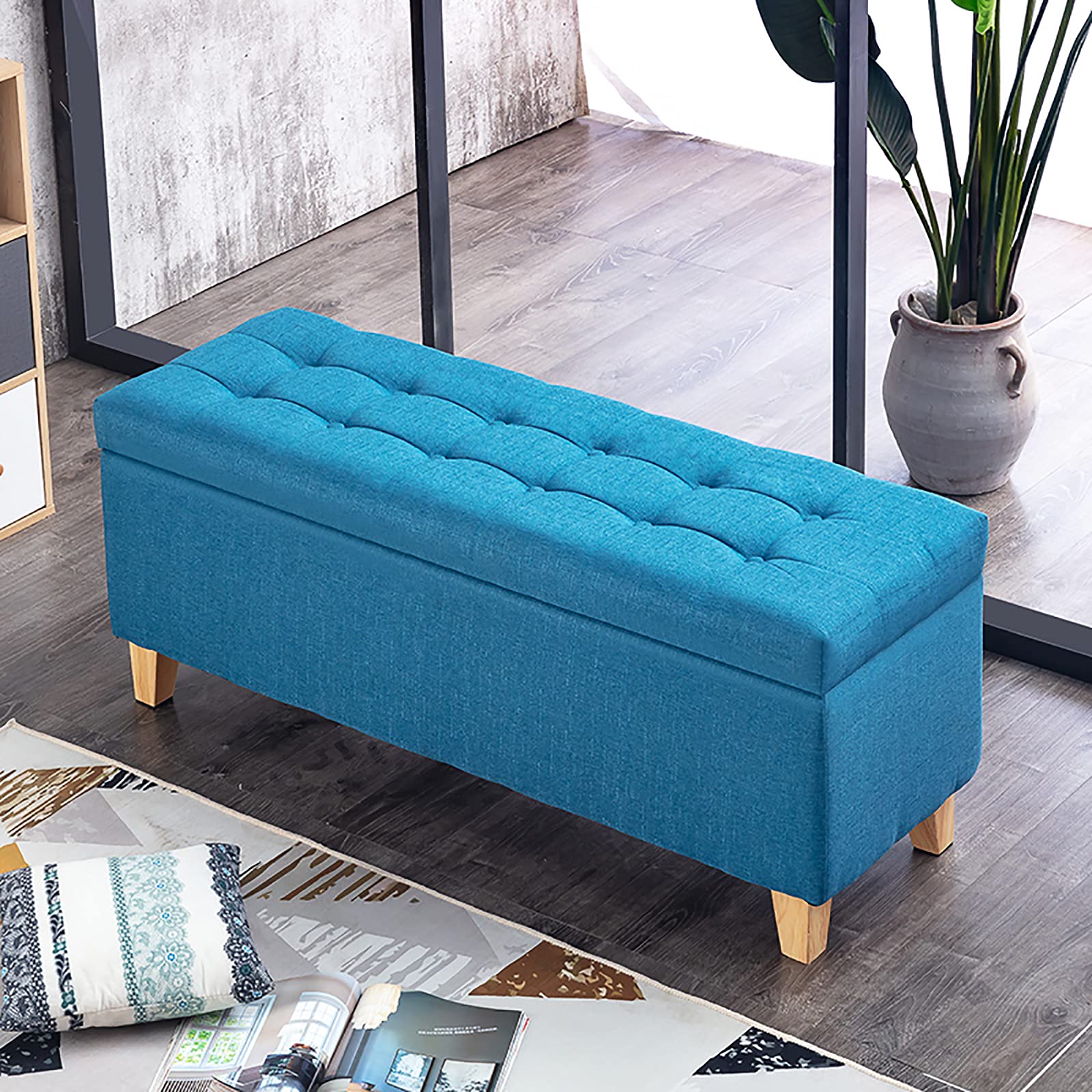 Banc Ottoman de rangement bleu 90x40x45cm en lin rembourré pour salon