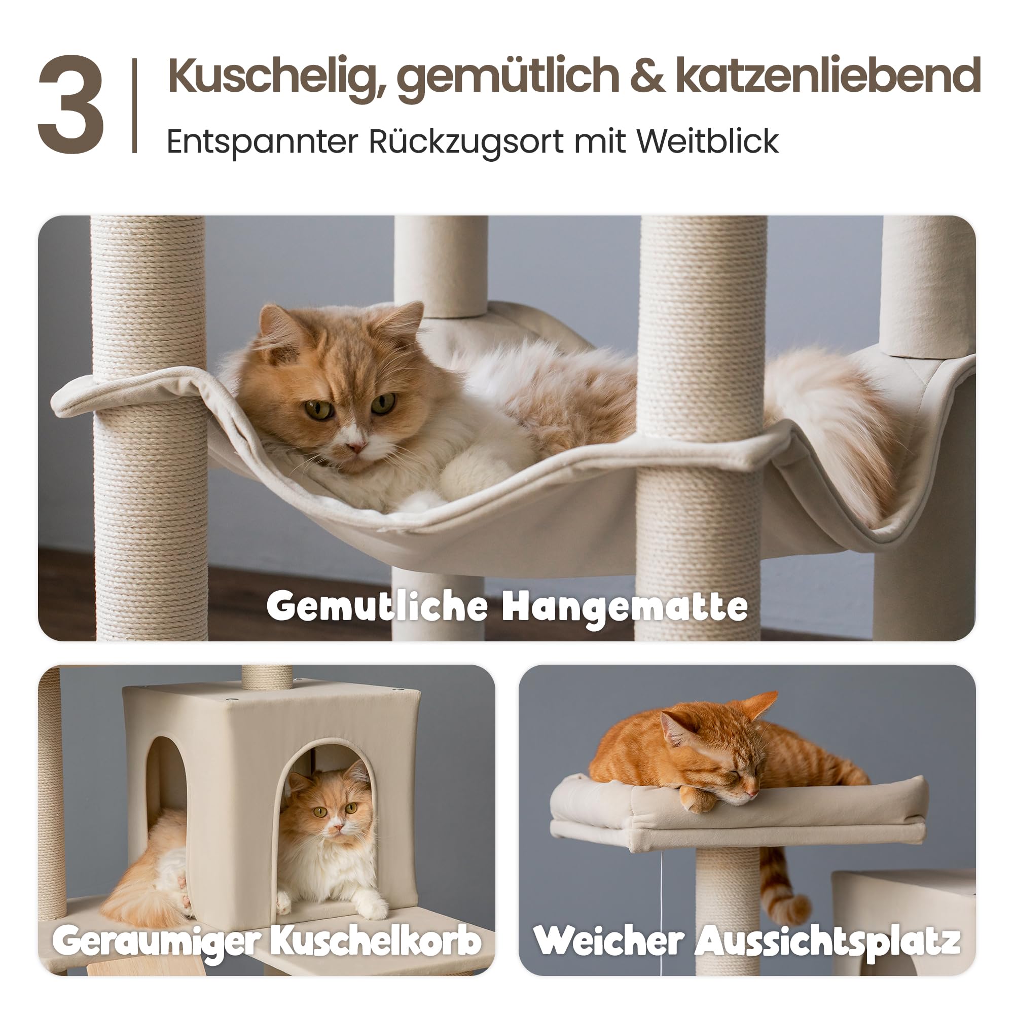 Moderner Kratzbaum, 178 cm Großer Katzenturm aus Holz für Wohnungskatzen, Mehrstöckiges Hochhaus-Katzenhaus mit Kratzpfosten, Gepolsterten Liegeflächen, Hängematte, Spielzeug zum Jagen, Beige