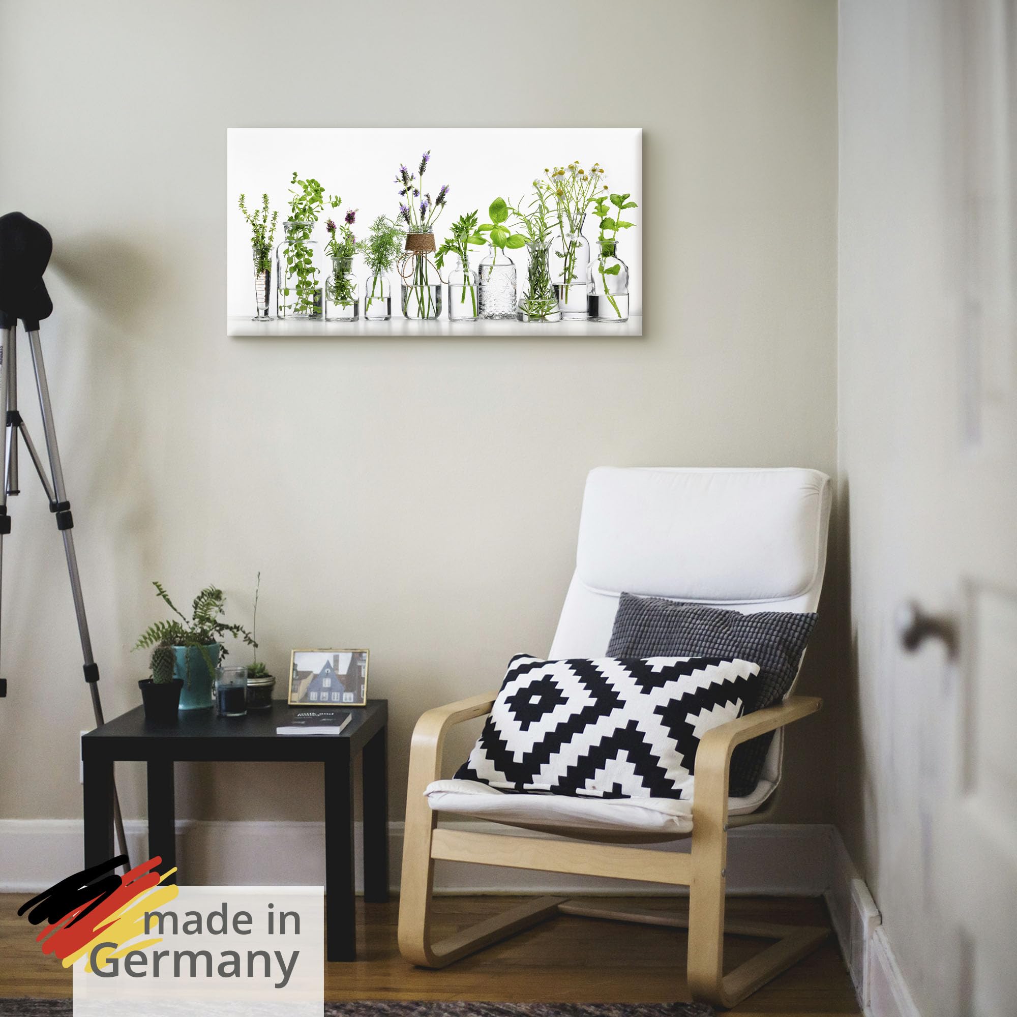 ARTLAND Wanddeko Leinwand Bilder Wandbild 100x50 cm Querformat Modern Küchenbilder Pflanzen Kräuter Blumen Gewürze Grün H9KE