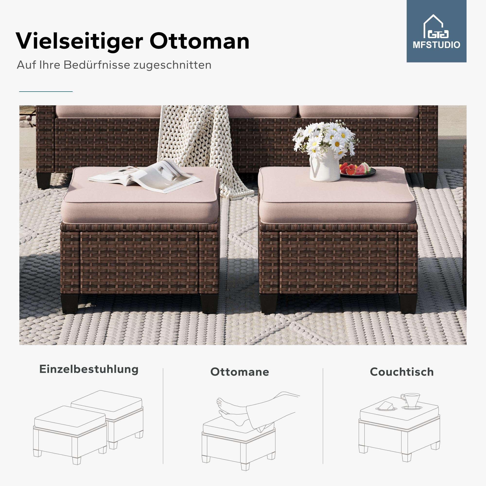 MFSTUDIO Gartenmöbel Set, Lounge Möbel Outdoor, PE-Rattan Wetterfest Terassenmöbel mit Sofa & Schemel & Sitzkissen, Frei Kombinierbar, Cushion PRO Fabric Wasserdicht, Leicht zu Reinigen