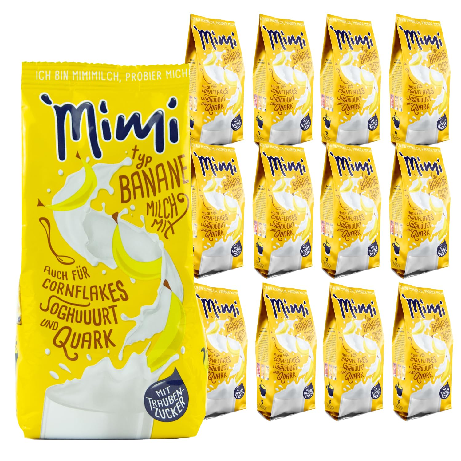 Mimi Milk Milk Banana Bebida Polvo 12 x 400 g - Pack de Almacenamiento - Polvo de bebida soluble en leche con sabor a plátano - Soluble en frío y caliente - Ideal para ocio, oficina, familia grande