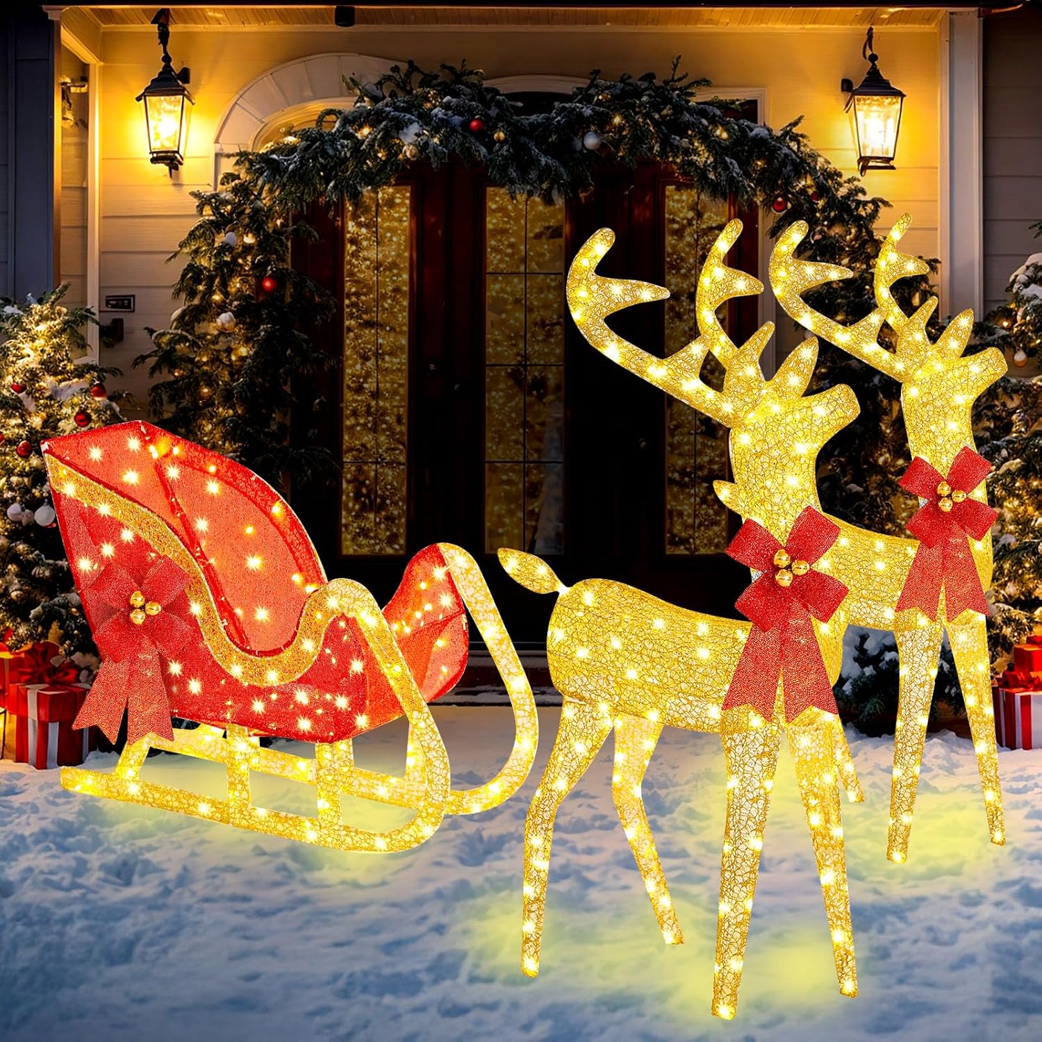 3 Piece Lighted Christmas Reindeer and Sleigh 4 ft Reindeer and Sleigh Outdoor Decorations Yard Decorations with LED Lights and Bow Tie for Yard, Garden, Lawn Decoration (Gold,Cloth)