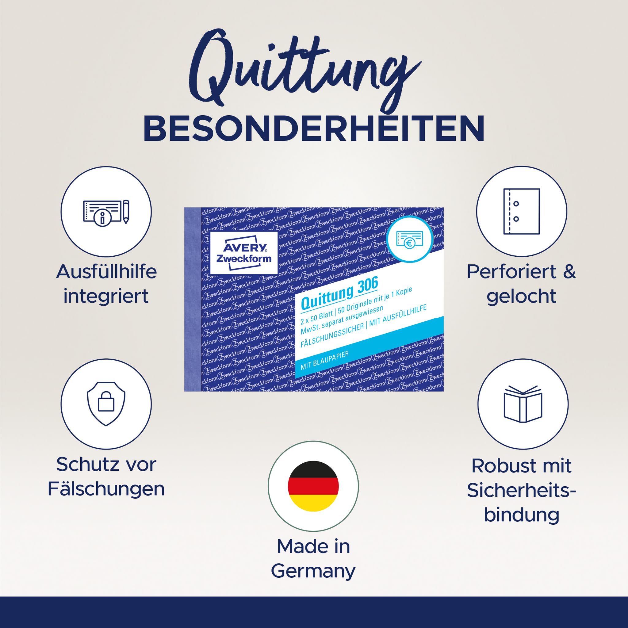 AVERY Zweckform 306 Quittungsblock (A6 quer, 2x50 Blatt, mit Durchschlag, fälschungssicher, separat ausgewiesene MwSt., für Deutschland und Österreich) weiß (20 Stück | mit MwSt)
