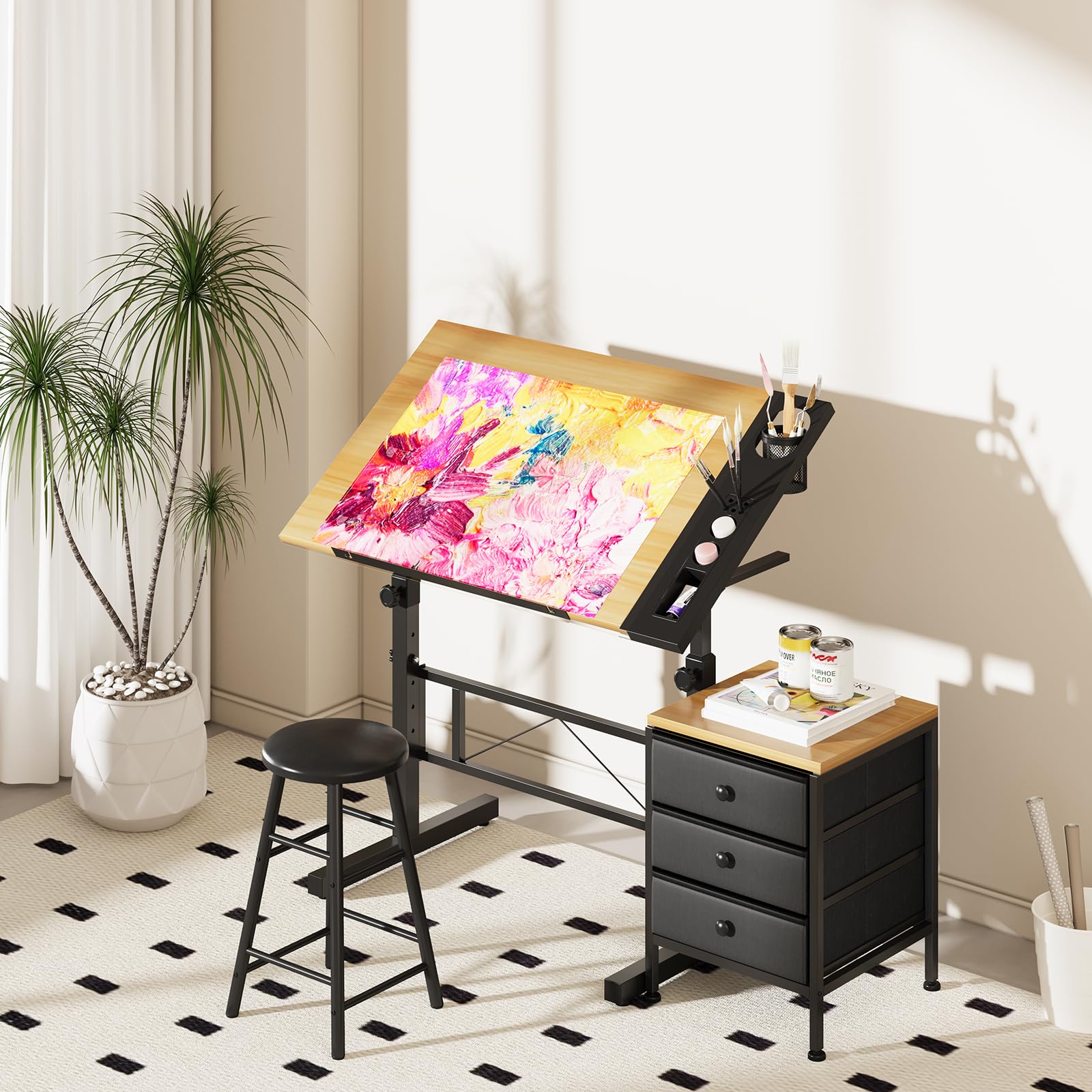 Mesa de Dibujo con Altura Ajustable, 0-60° Tablero Inclinable, Mesa de Pintura Arquitecto Estudio Dibujo Escritorio para Computadora con Taburete para Oficina Casa (Madera con Cajón)