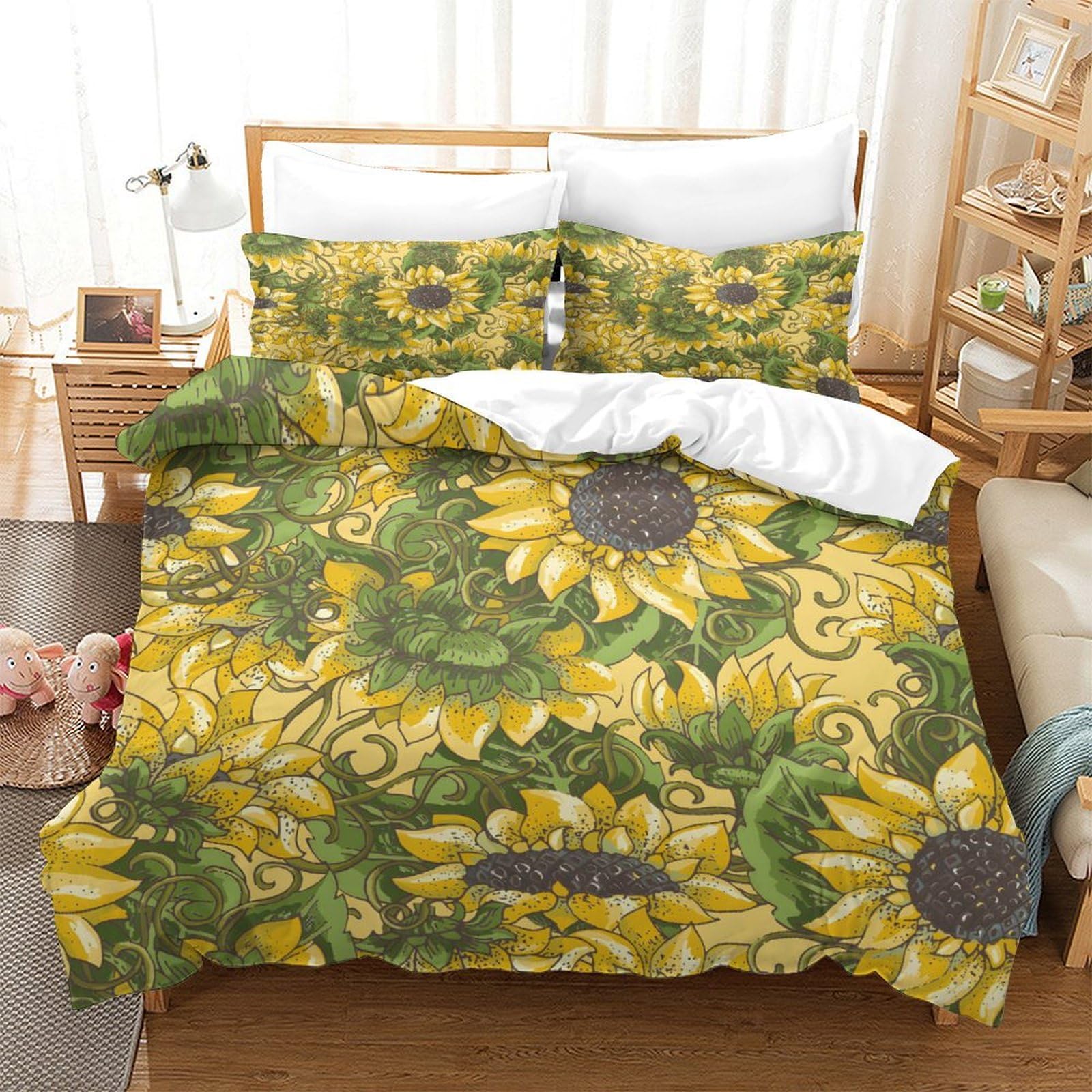 Sunflowers - Floral Theme Boys Bedding Set 3 Pieces Duvet Cover Set,3D Bedding Comforter Cover,Soft Microfiber Quilt Cover,Bedspread Cover,Teens,Kids,Adults,Zipper Closure Super King（260x220cm）