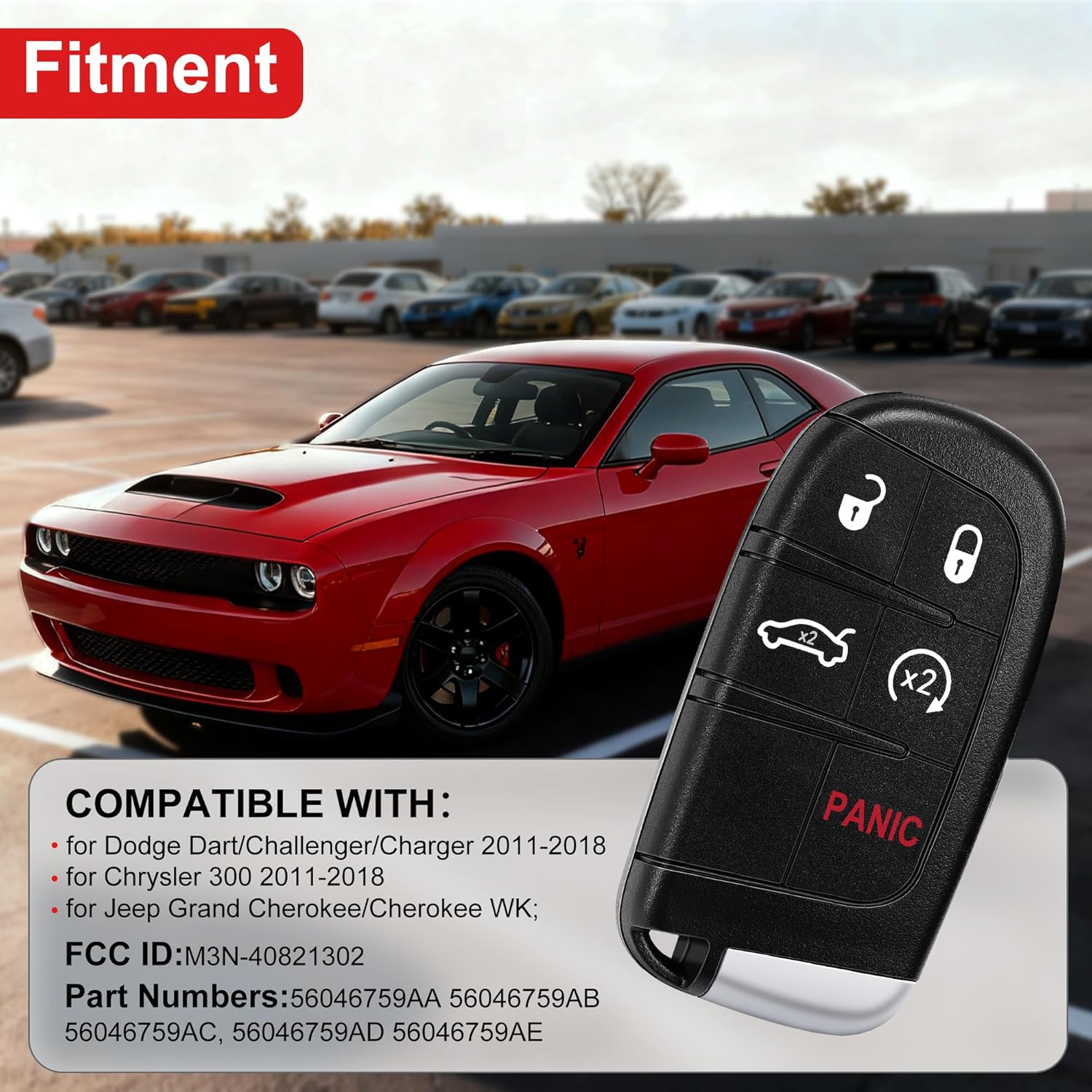 Car Key Fob,for Dodge Dart/Challenger/Charger;for Chrysler 300;for Jeep Grand Cherokee;2Pcs,5-But,Keyless Control Entry Remote,OE#56046759AC, 56046759AD;FC#M3N-40821302 (2x5 Buttons)