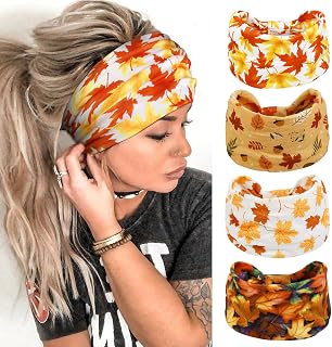 Huachi 4 Packs Fall Headbands for Women Autumn Thanksgiving Hair Accessories Maple Leaf Wide Knotted Headband Fall Themed Gifts Holiday Hairband Turban Head Bands for Women's Hair
