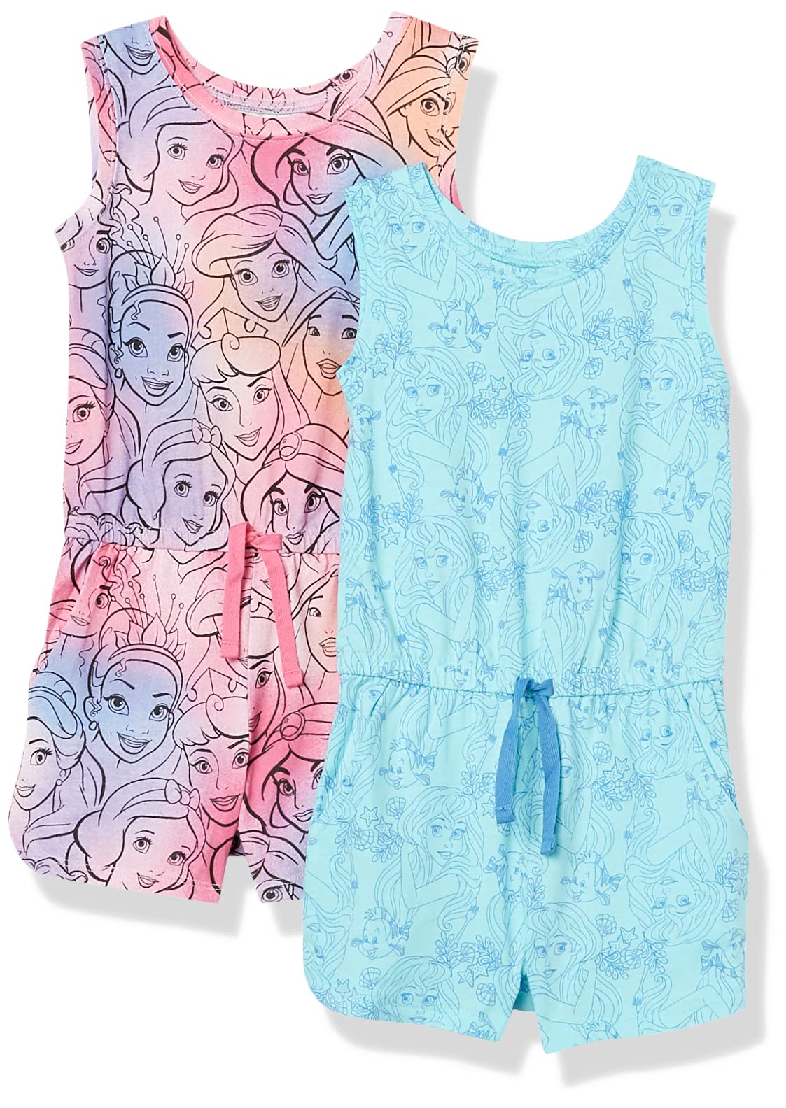 Amazon Essentials Toddler Girls' Knit Sleeveless Rompers, Pack of 2, Princess/Friendship, 4T