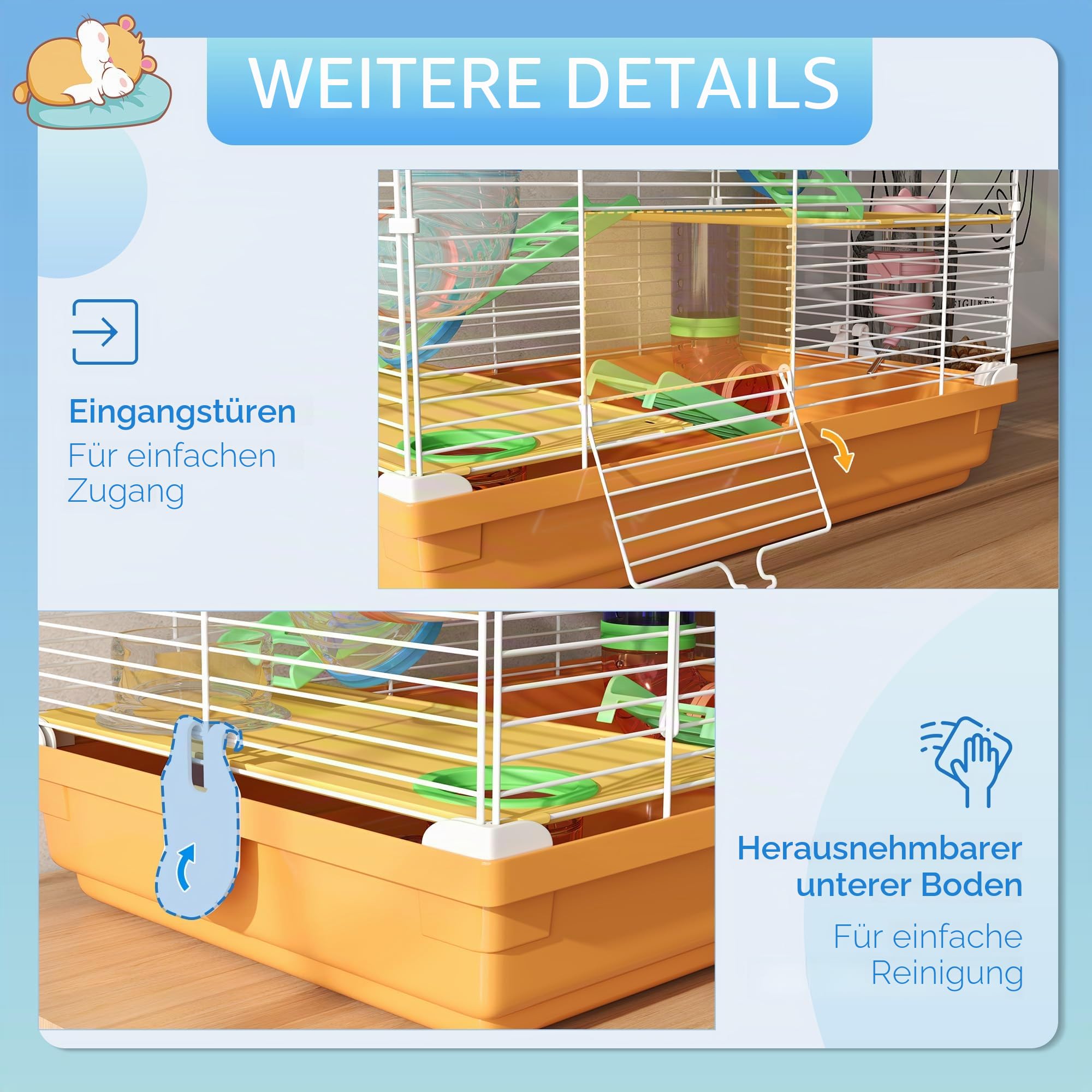 PawHut Käfig für Hamster, Nagetiere, 4 Etagen, mit Tunneln, Futternapf, Laufrad, Haus, Leitern, Maße: 46L x 30B x 58H cm, Orange