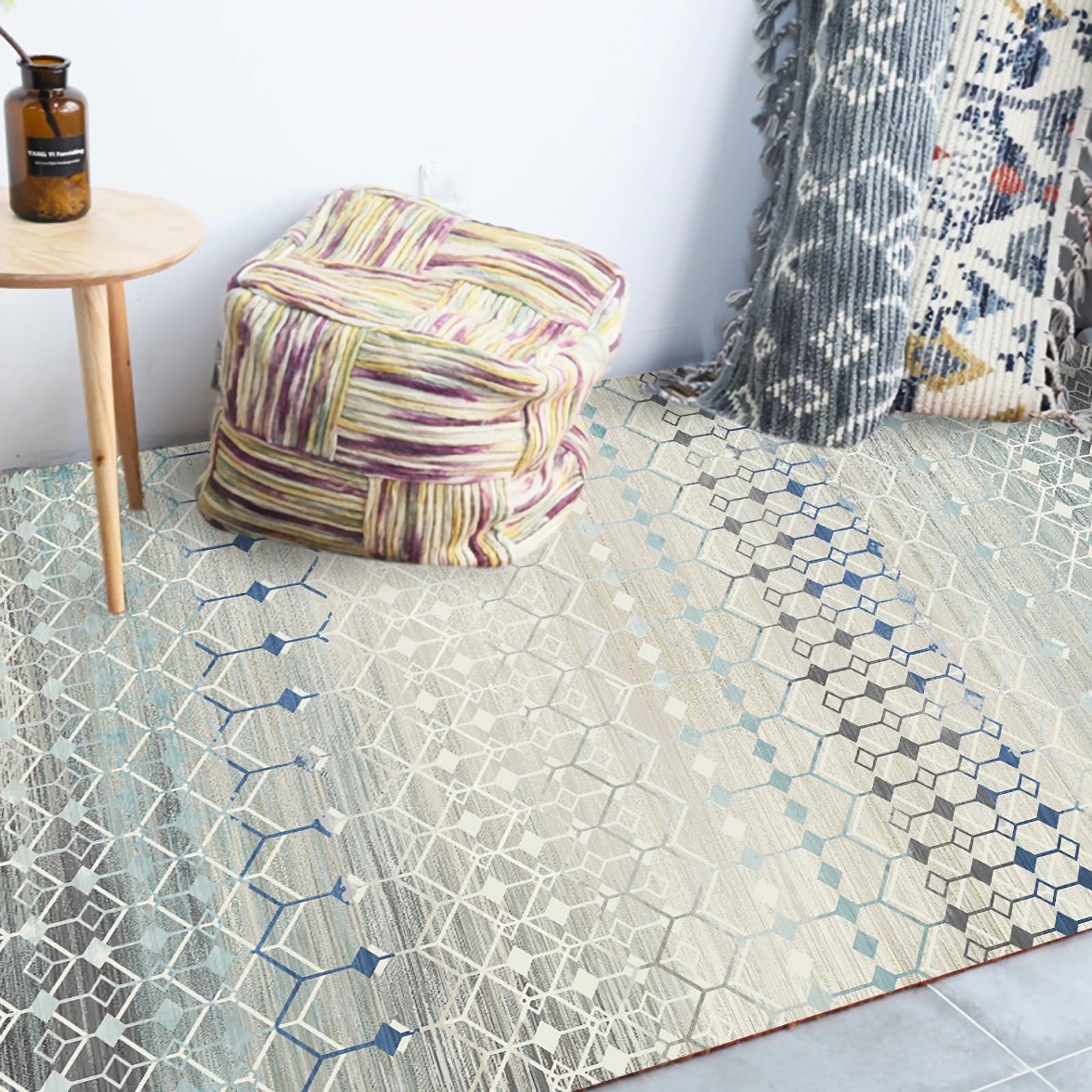 Teppich dünn Waschbarer, Langlebiger Teppich Mit Blau-cremefarbenem Streifendesign,kinderzimmer Teppich Teppich für Flur,140x200cm